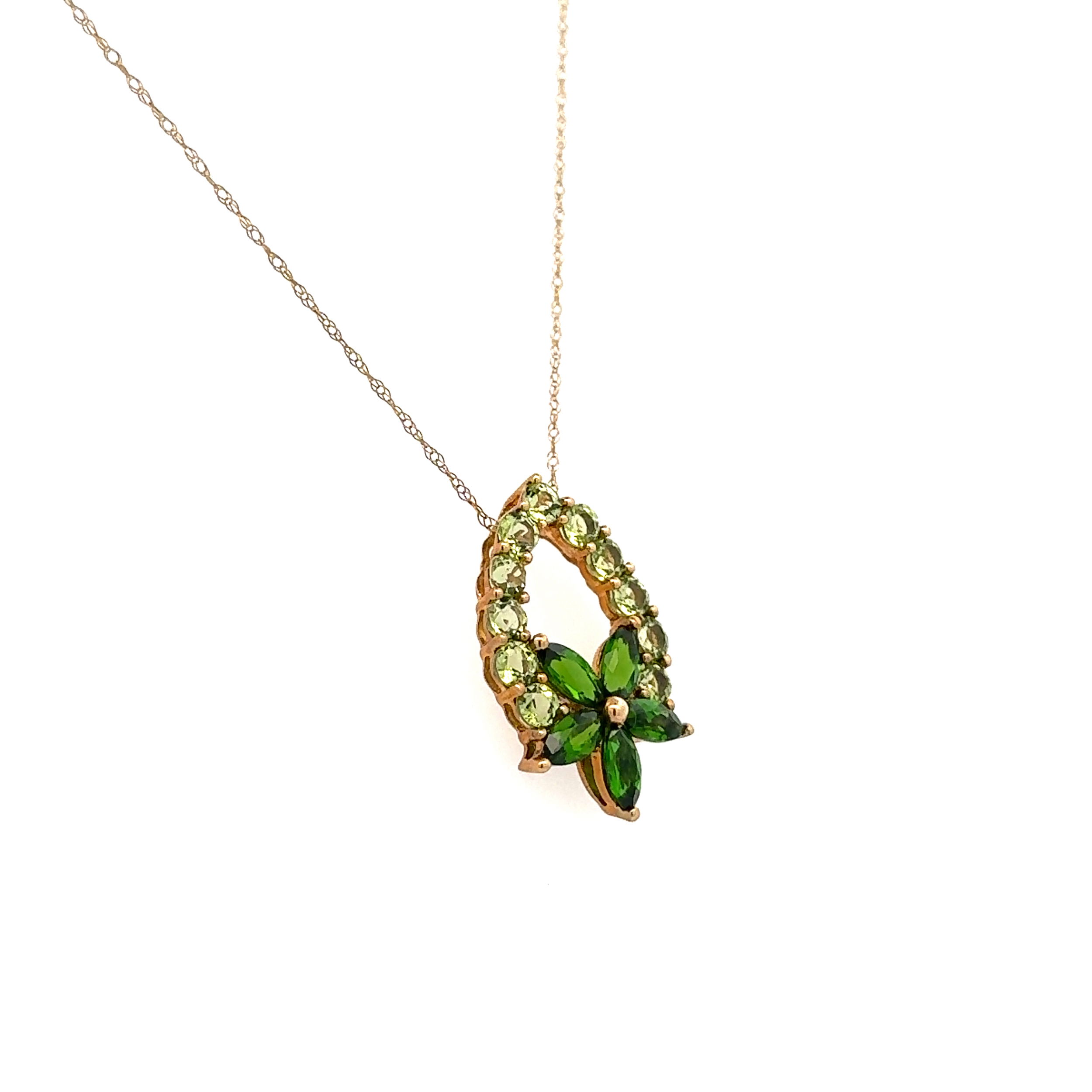 10K YG 1.00tcw Round Peridot & 1.00tcw Marquis Chrome Diopside Open Flower Pendant Necklace 2.7g, 18"