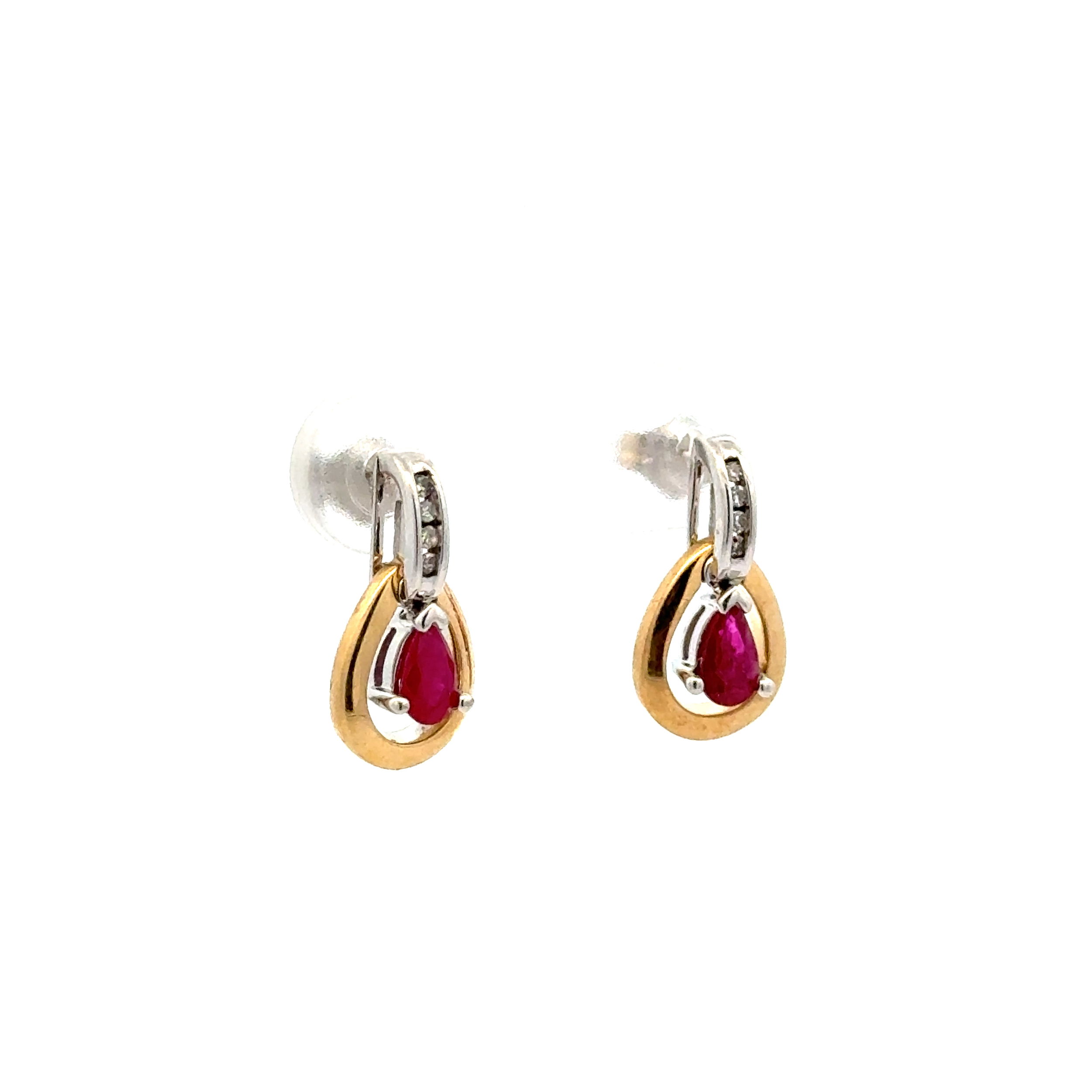 14K 2tone .40tcwPear Ruby & .04tcw Diamond Drop Earrings 2.5g