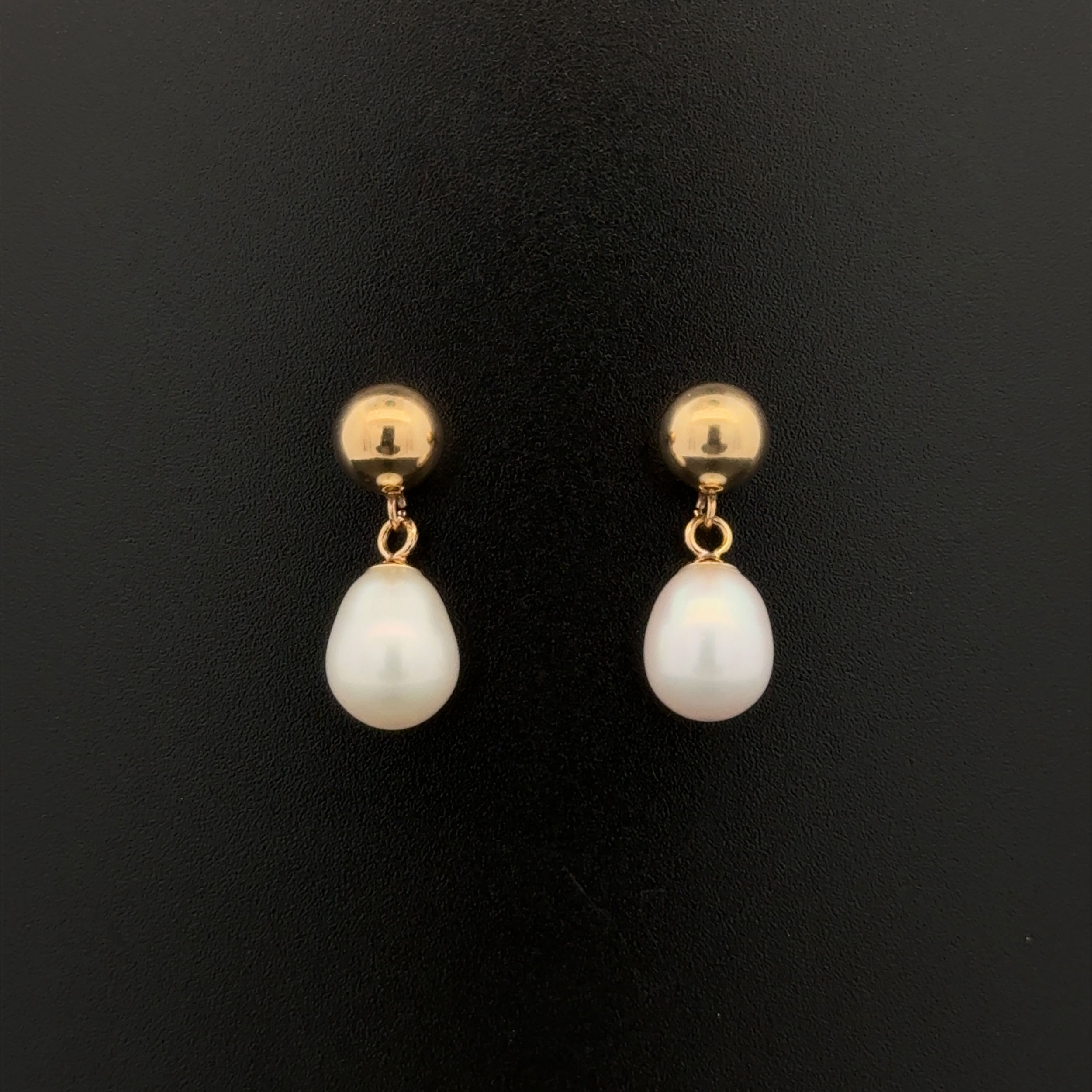 14K YG 6.00mm Gold Ball & 7.00mm Tear Drop Freshwater Pearl Dangle Earrings 1.7g