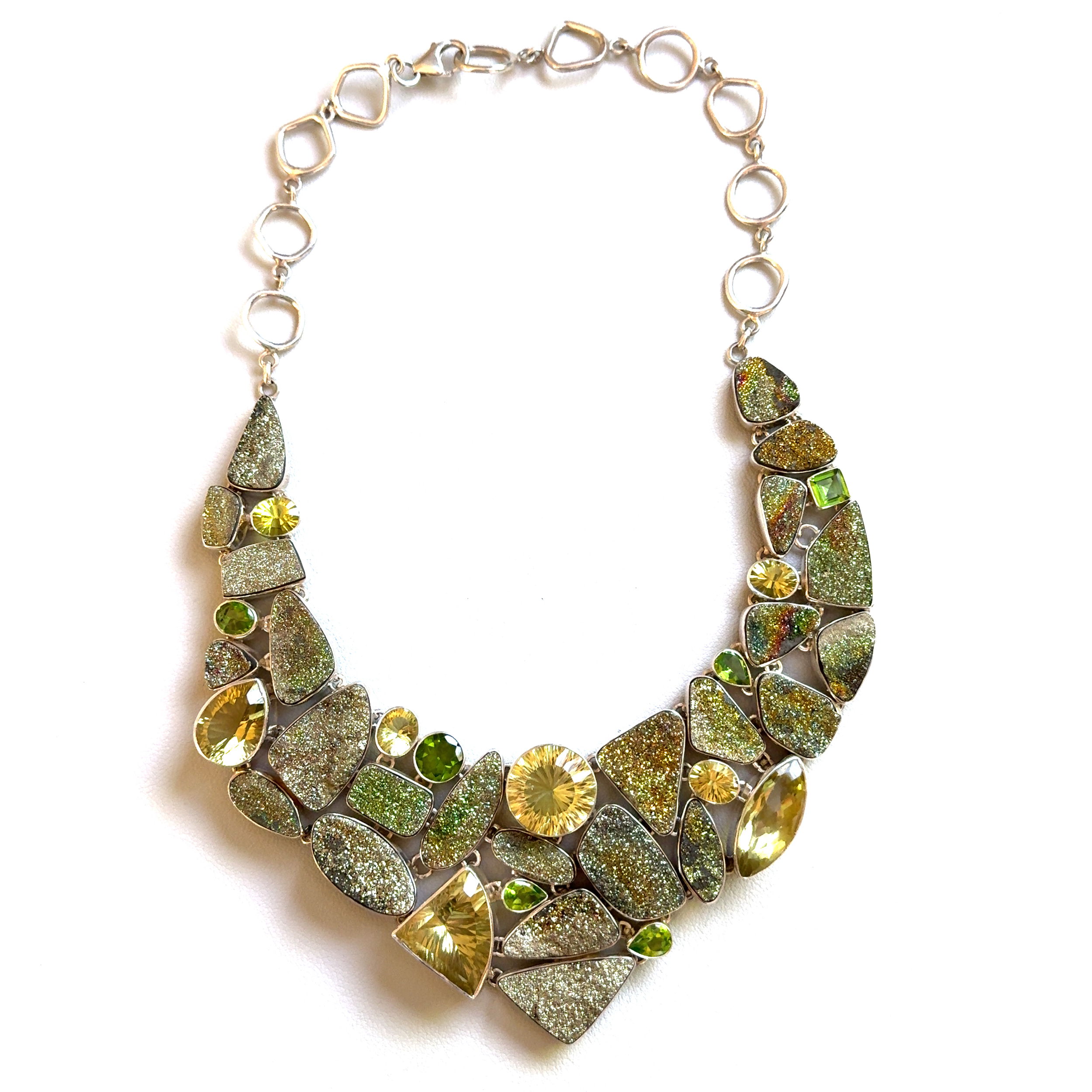 925 Sterling Citrine, Peridot & Druzy Quartz Bib Necklace 195.7g, 20"