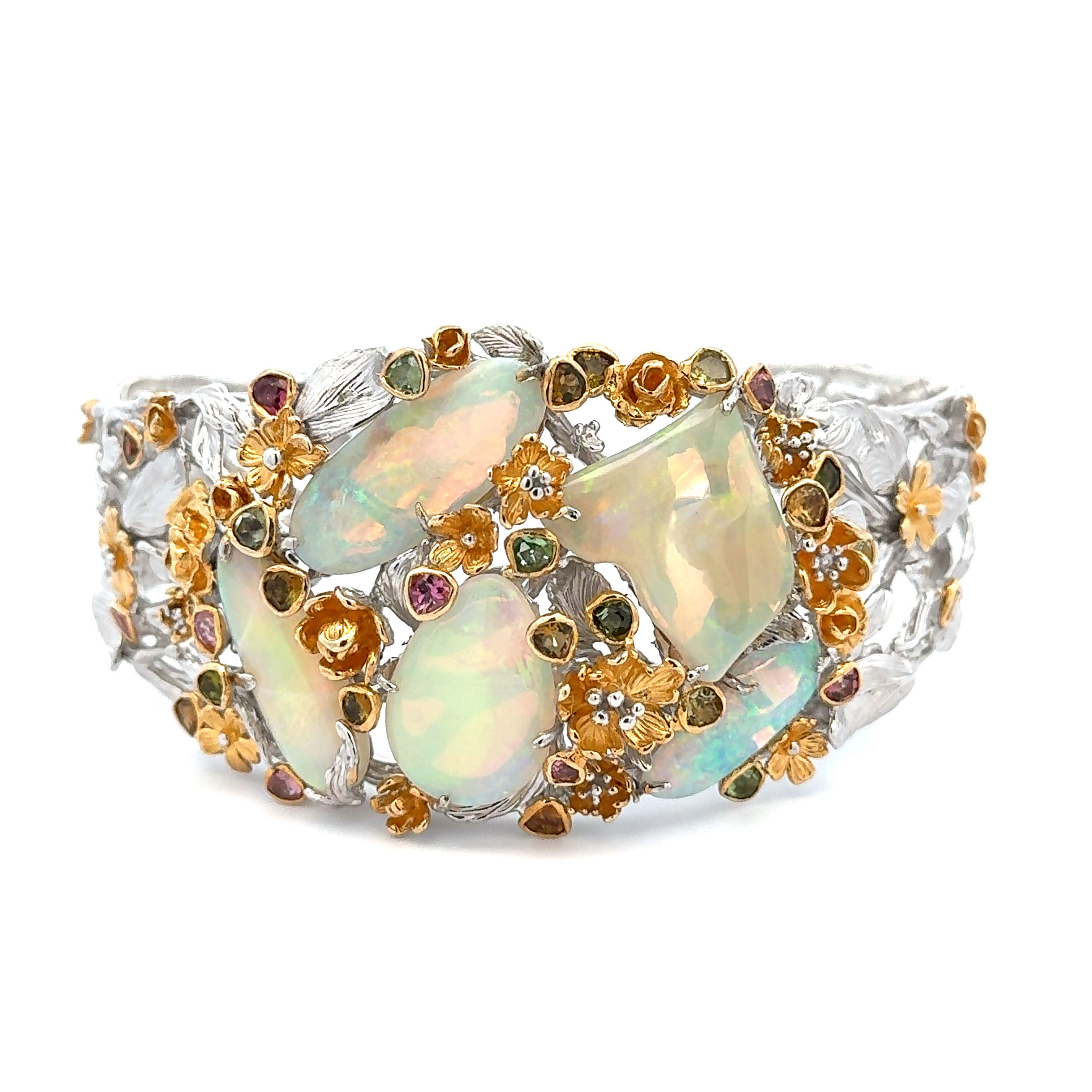 925 Sterling GF 22.80tcw Crystal Opal & 2.90tcw Multi-Color Tourmaline Cuff Bracelet 59.6g, Large Fit