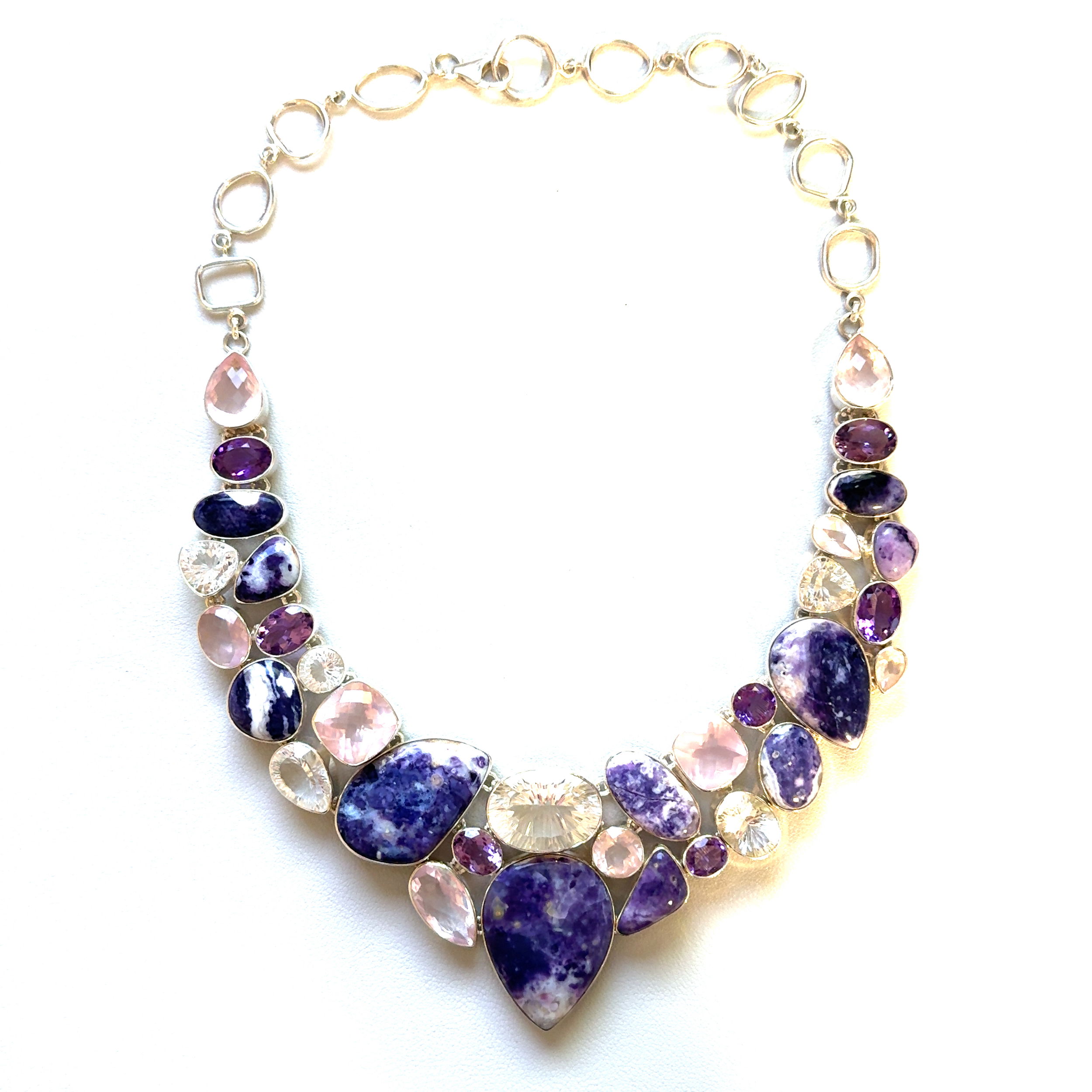 925 Sterling Morado Purple Opal, Rose Quartz, Quartz & Amethyst Bib Necklace 163.8g, 20"