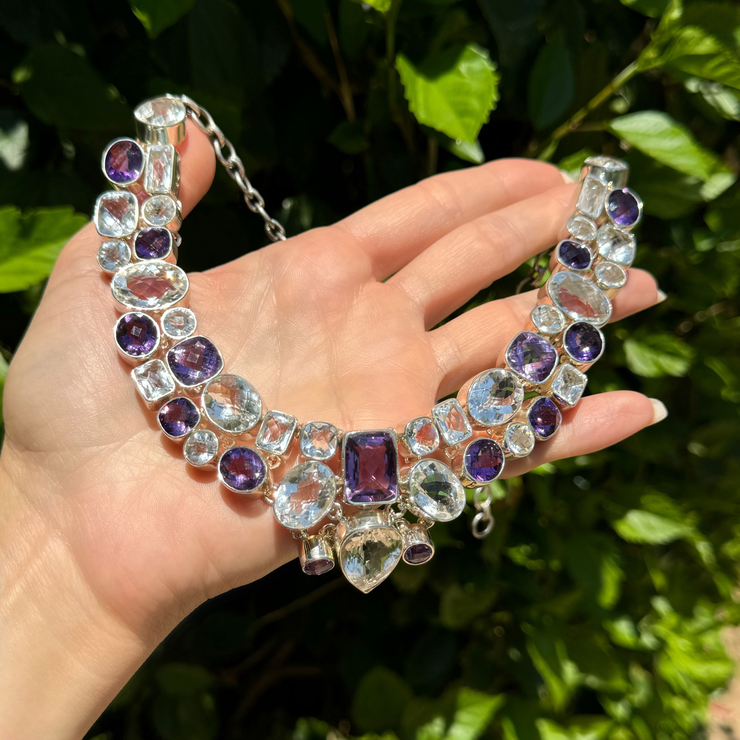 925 Sterling Multishape Quartz & Amethyst Bib Necklace 149.8g, 20"