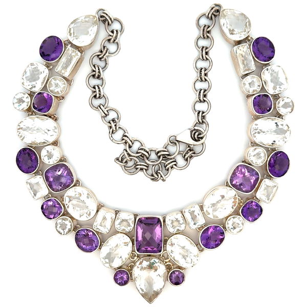 Closeup photo of 925 Sterling Multishape Quartz & Amethyst Bib Necklace 149.8g, 20"