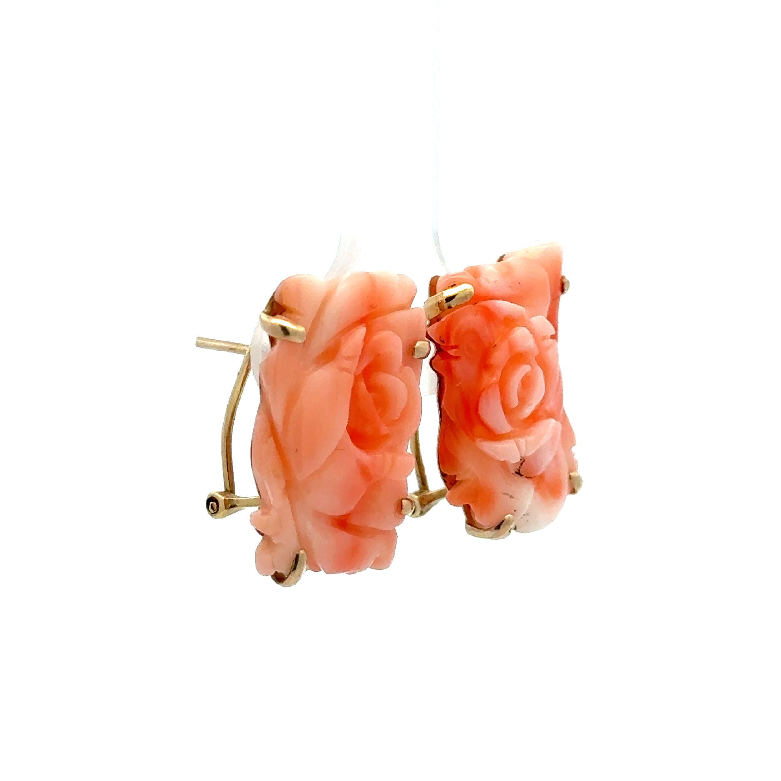 14K YG Carved Flower Rectangular Angel Skin Coral Earrings 5.3g,