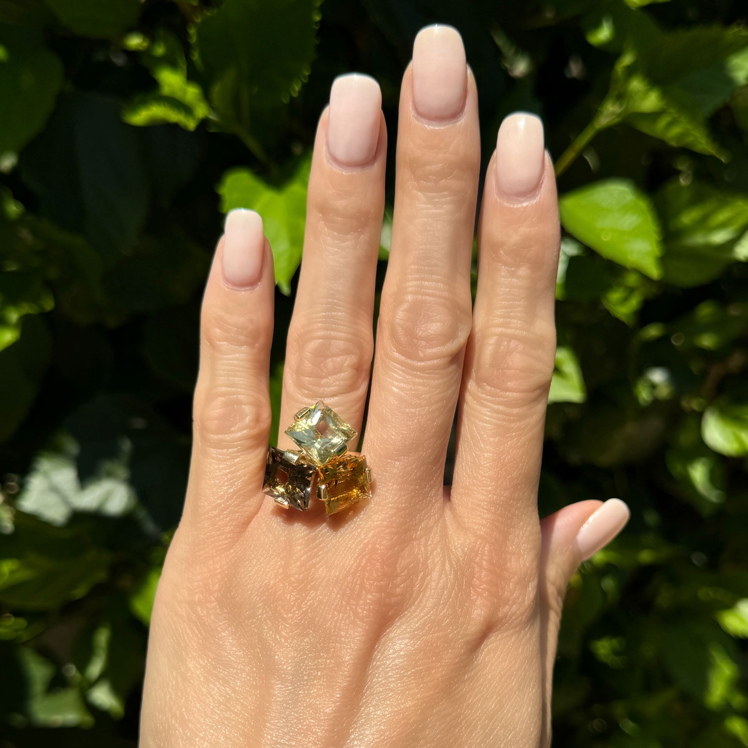 14K YG Modern 3 Square 15tcw Citrine & Quartz RIng 7.4g, s6