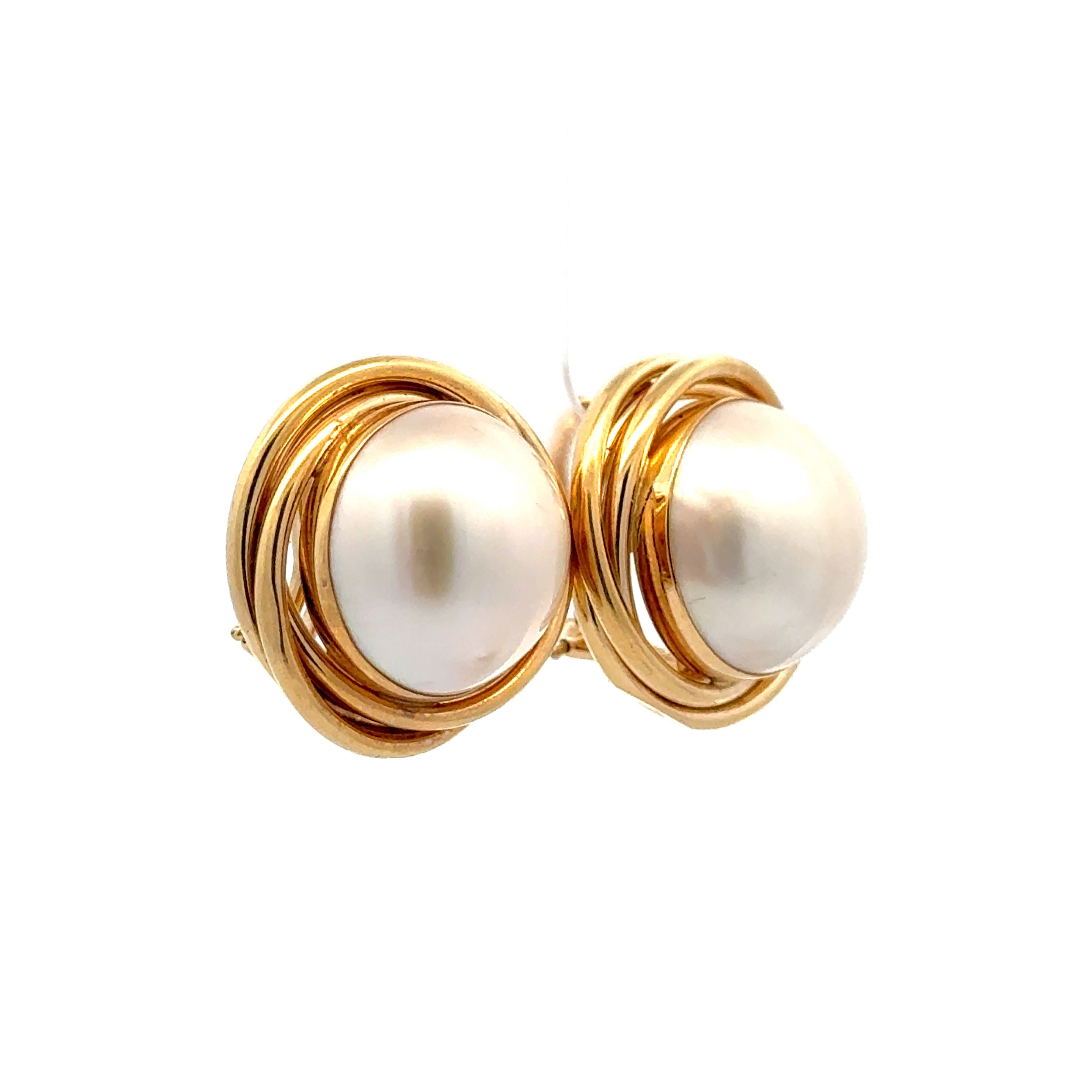 14K YG 15.5mm Round Mabe Pearl 3 Tube Bezel Earrings French Clips 9.9g