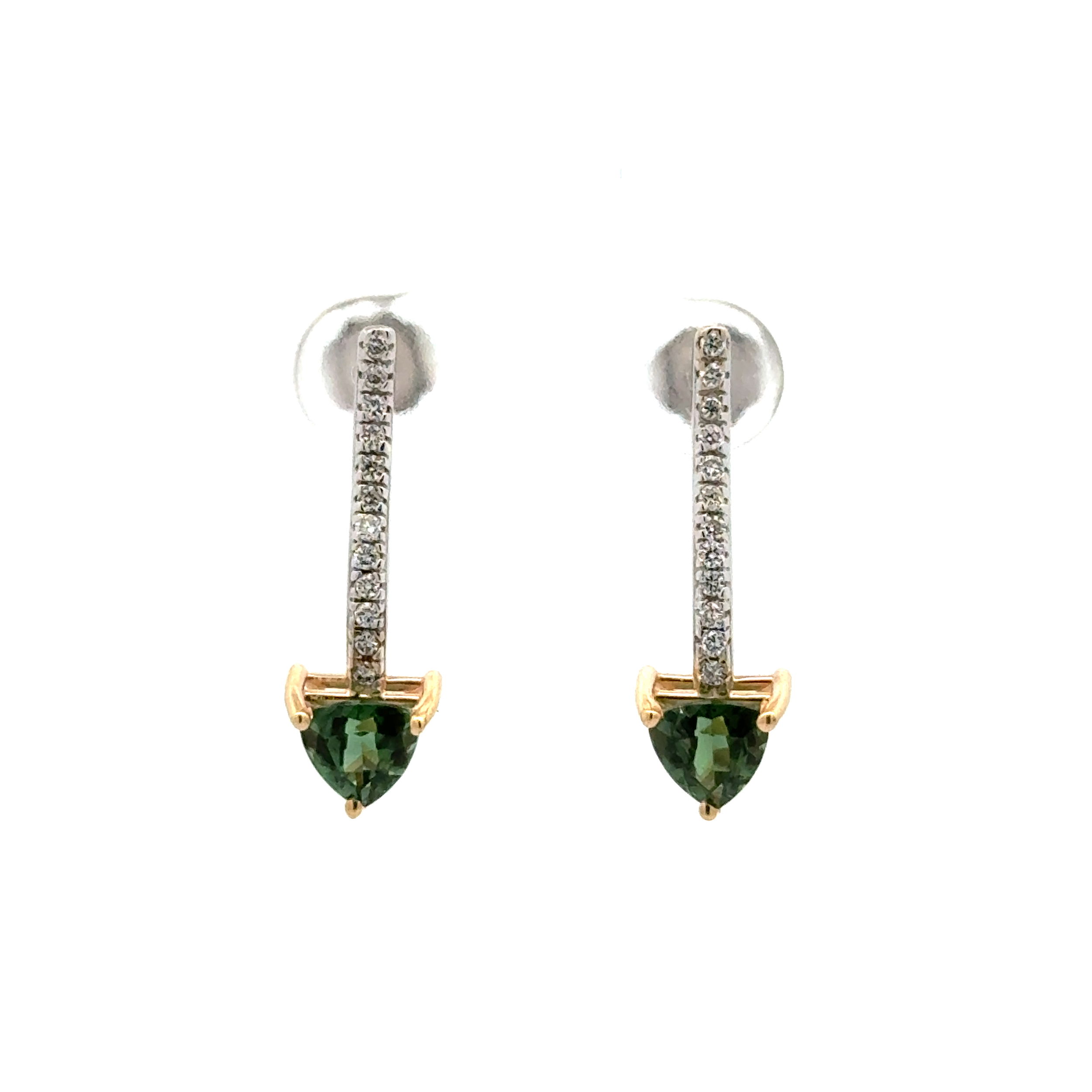 14K 2tone 1.10tcw Trillion Green Tourmaline & .24tcw RBC Diamond Drop Earrings 3.1g, 1"