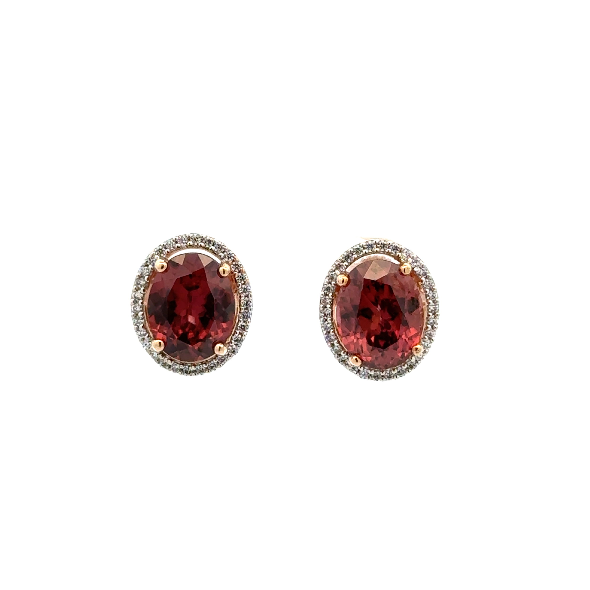 10K YG 8tcw Oval Blush Red Zircon 10 x 8mm & .40tcw RBC Cubin Zirconia Halo Stud Earrings 4.1g,