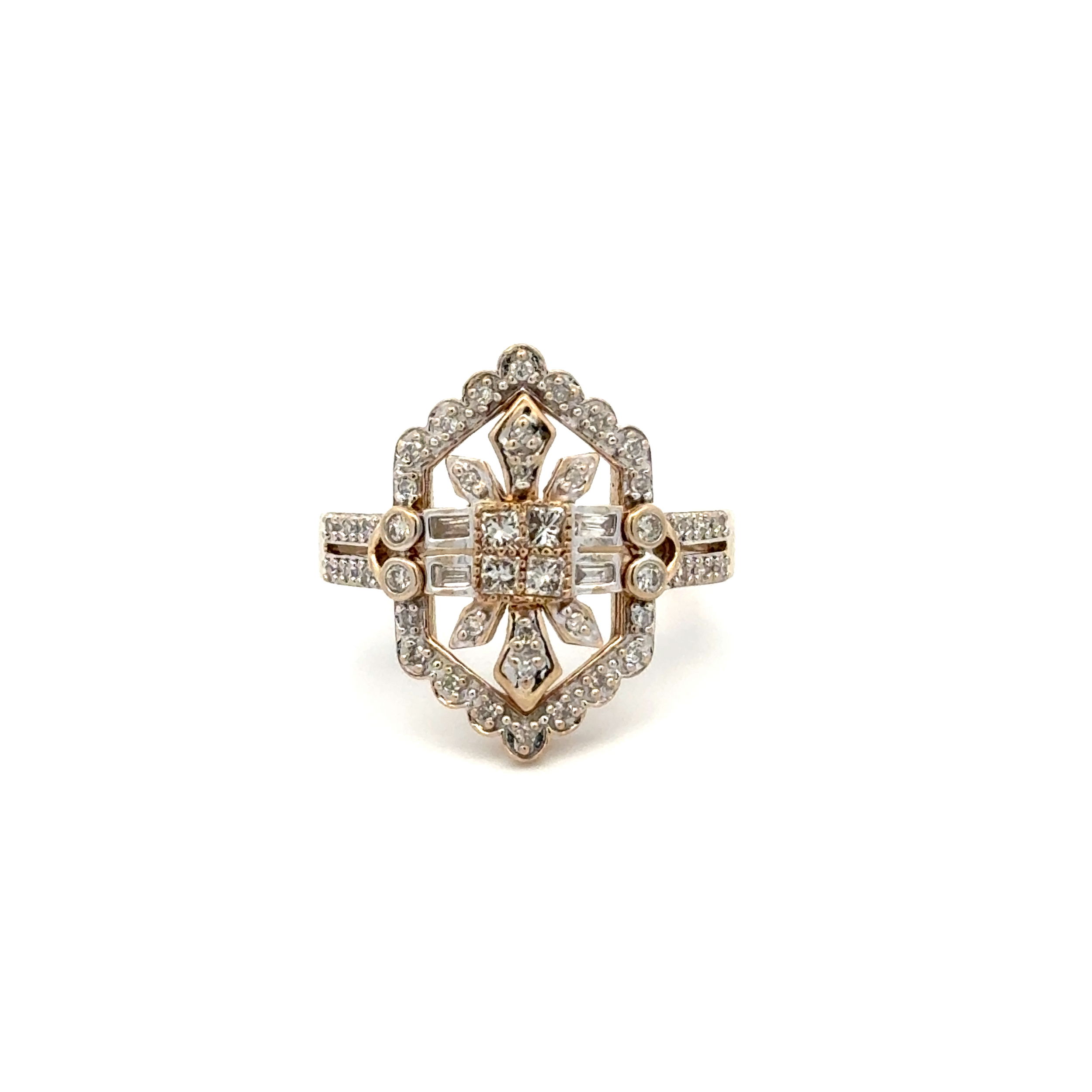 10K YG .65tcw RBC, Emerald Cut & Princess Diamond Cluster Navette Ring 3.2g, s6 10K YG .65tcw RBC, Emerald Cut & Princess Diamond Cluster Navette Ring 3.2g, s6