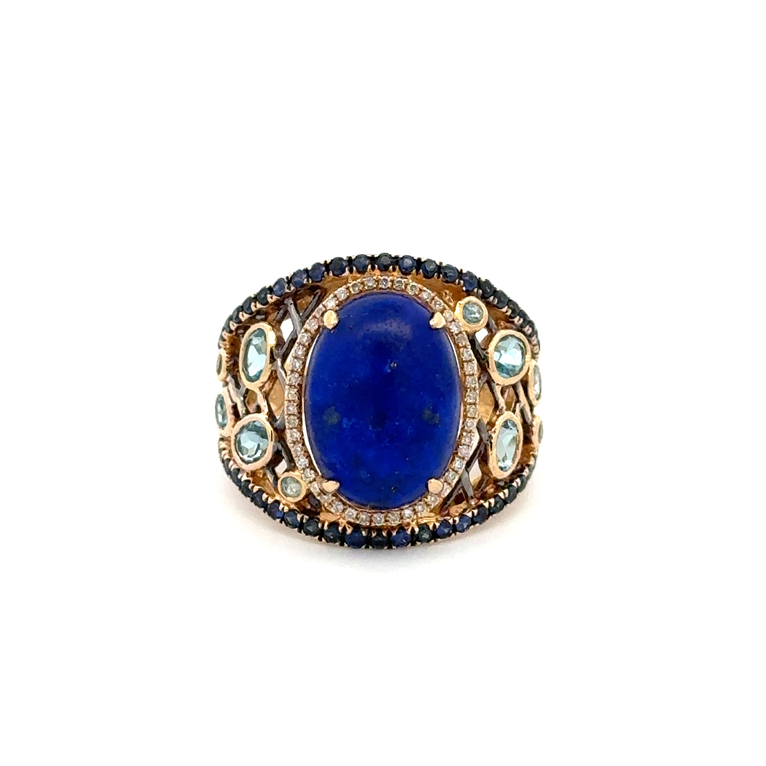 18K YG 4ct Lapis, .15tcw Diamond, Sapphire & Topaz Dome Ring 7.2g, s7