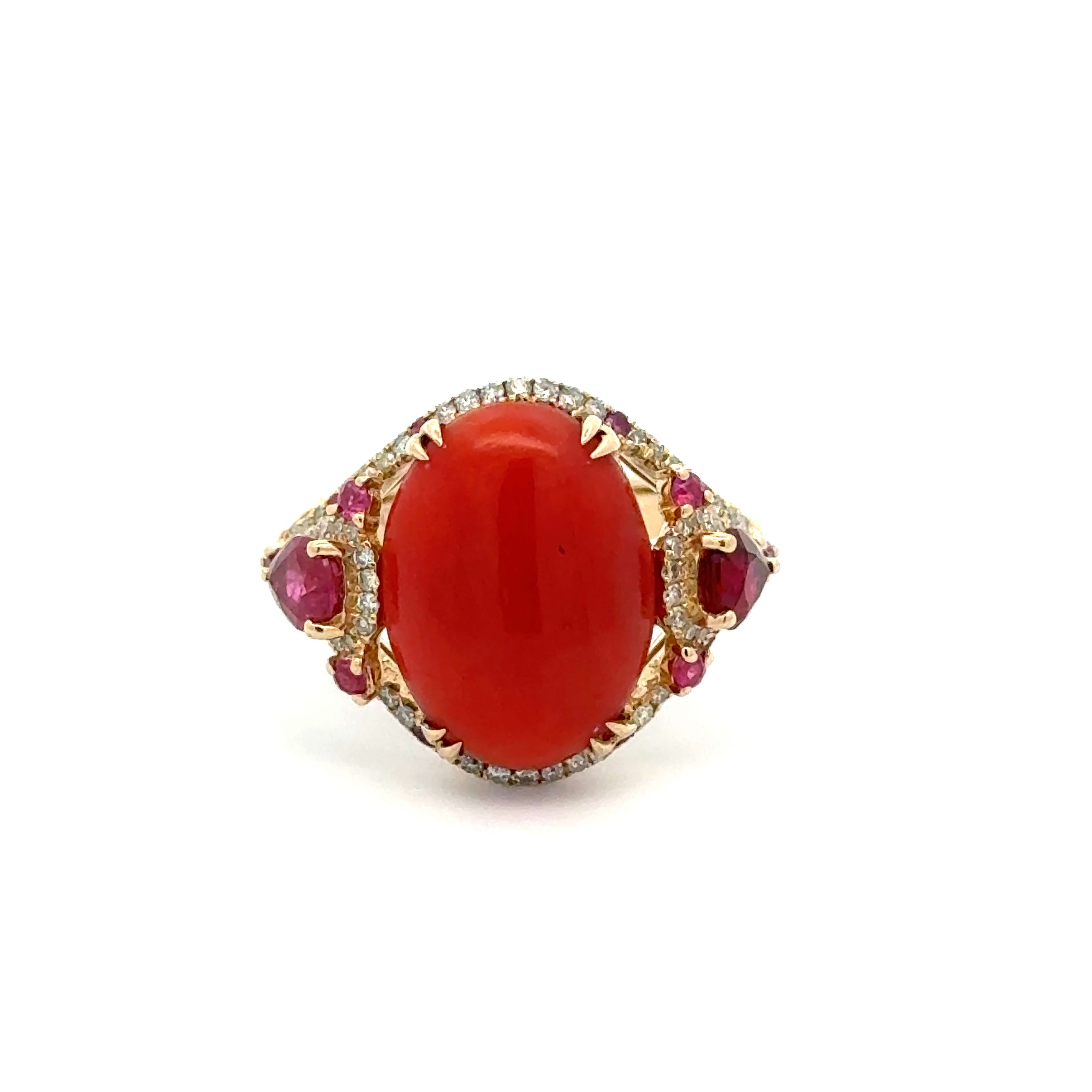 18K YG 2.5ct Oval Coral, .44tcw RBC Diamond & 1.00tcw Ruby Ring 5.6g, s9