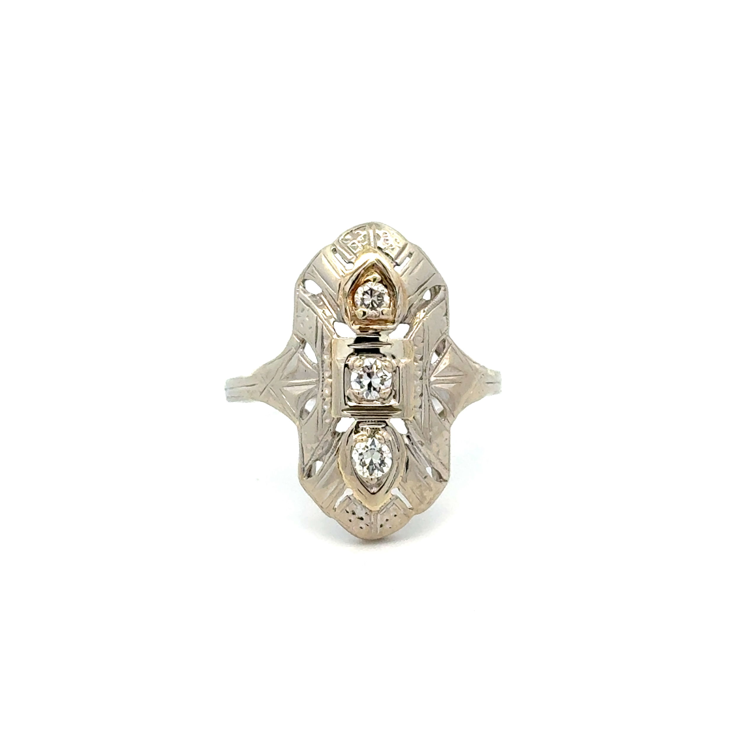 18K WG Art Deco 3 Diamond .20tcw Navette Ring 2.2g, s7.75