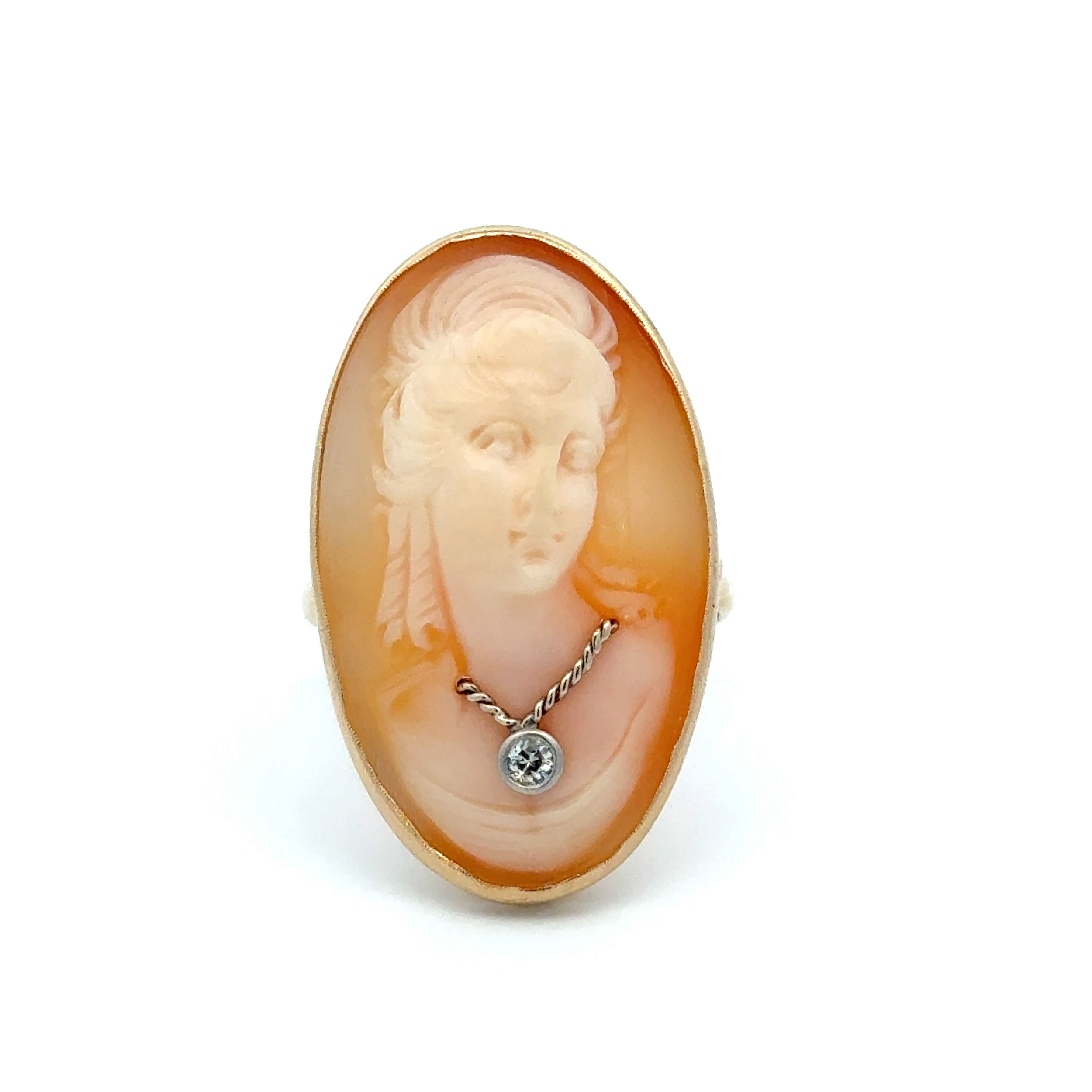 14K YG Carved Shell Cameo .05ct Diamond Necklace Ring 6.7g, s9.5