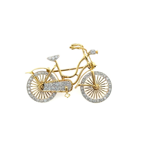 Closeup photo of 18K YG .70tcw RBC Diamond Pave Articulating Bicycle Brooch 7.6g