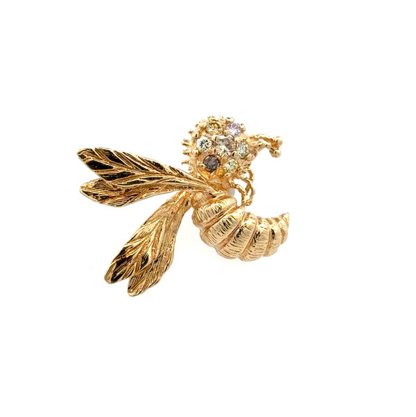 Closeup photo of 14K YG ..04ctw Pink Diamond & .30tcw Fancy Color Diamond BEE Brooch 4.8g