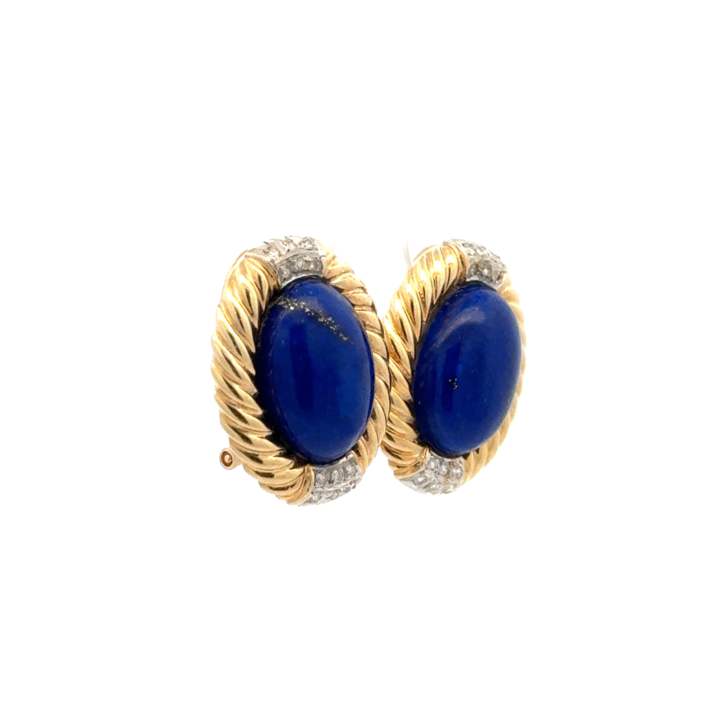 14K YG Oval Lapis Lazuli & .12tcw Diamond Rope Bezel Earrings 8.5g