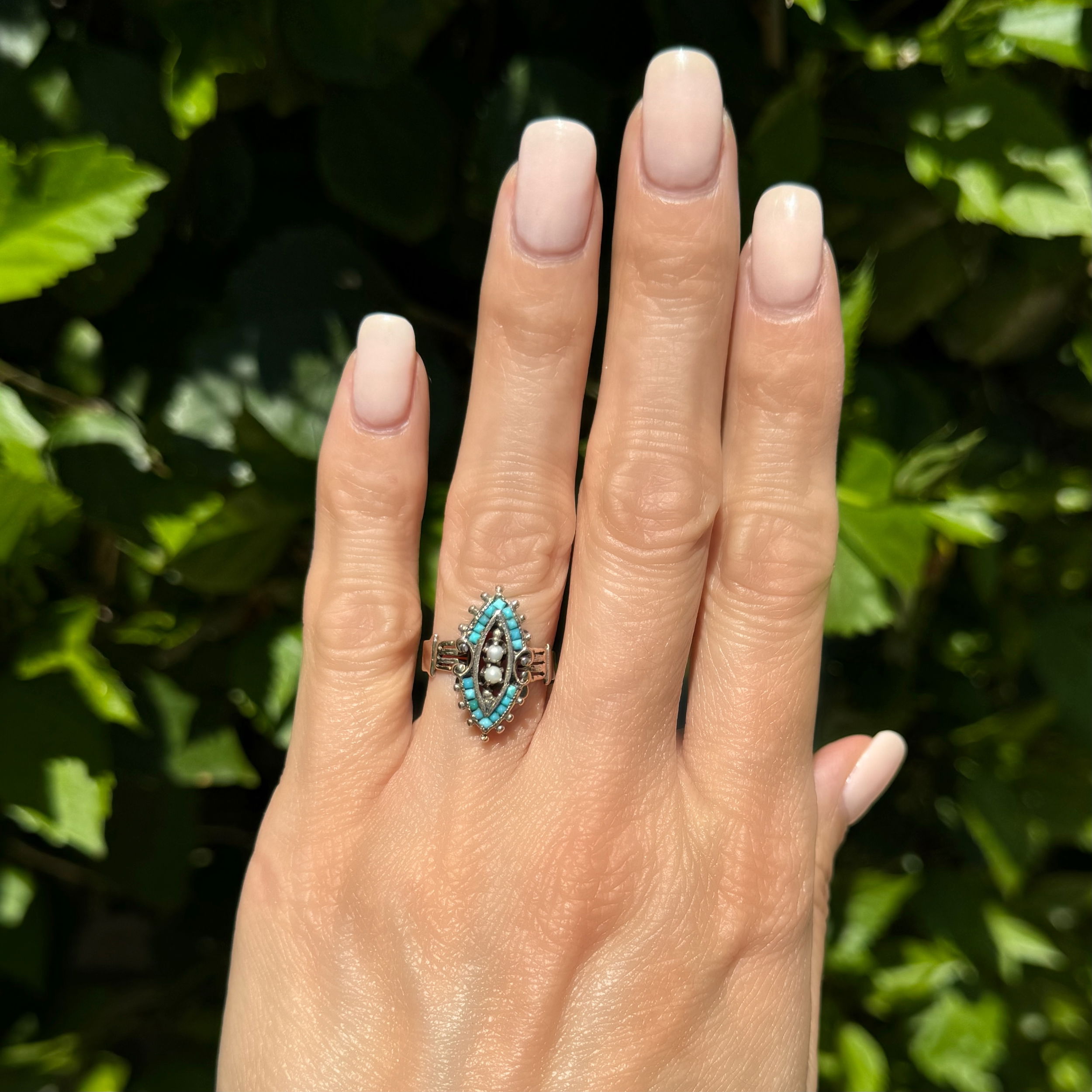 10K YG Victorian Turquoise & Pearl Navette Ring 3.7g, s6.75