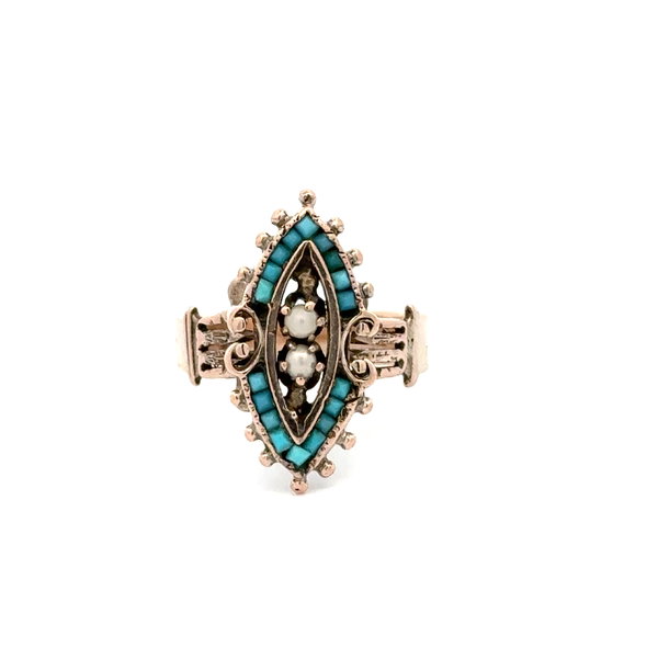 Closeup photo of 10K YG Victorian Turquoise & Pearl Navette Ring 3.7g, s6.75