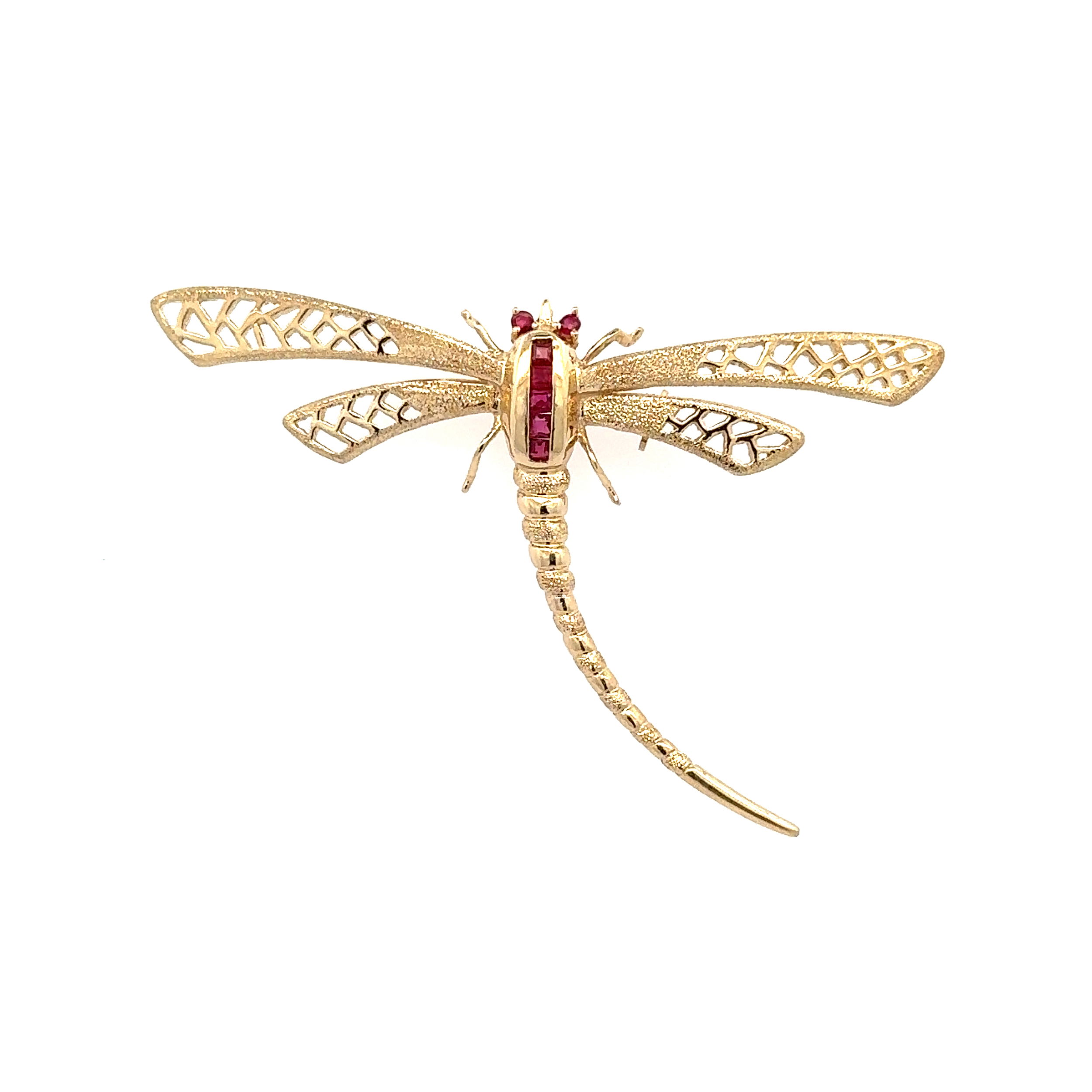 14K YG .26tcw Square & Round Ruby Dragonfly Brooch Pendant 5.7g, 2.3"