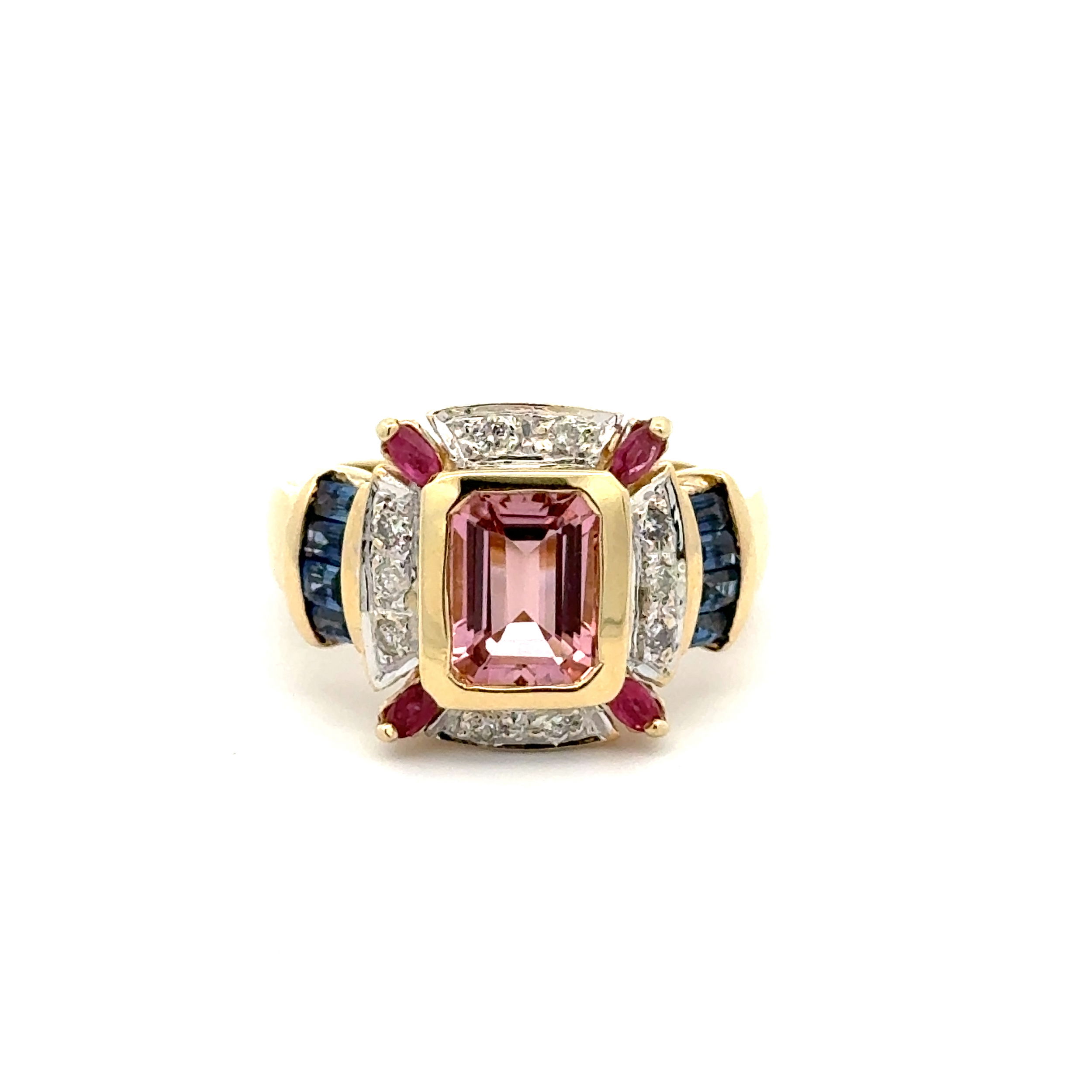 14K YG Pink Stone, .10tcw Diamond, .12tcw Ruby & .40tcw Sapphire Modern Ring 7.6g, s6