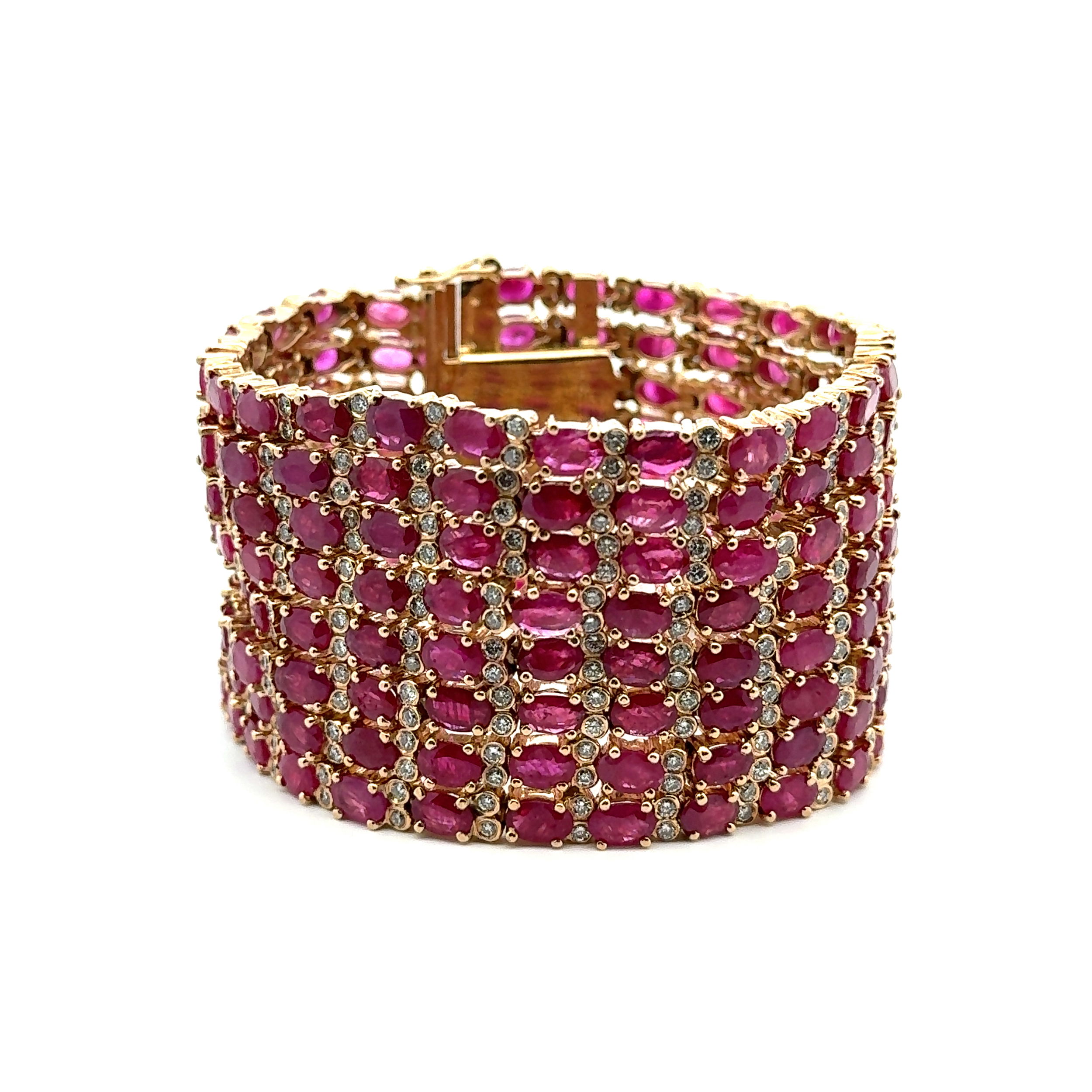 14K YG 8 Row 120tcw Oval Ruby GIA & 9.00tcw Diamond 1.6" Wide Bracelet 161.9g, 7.5"