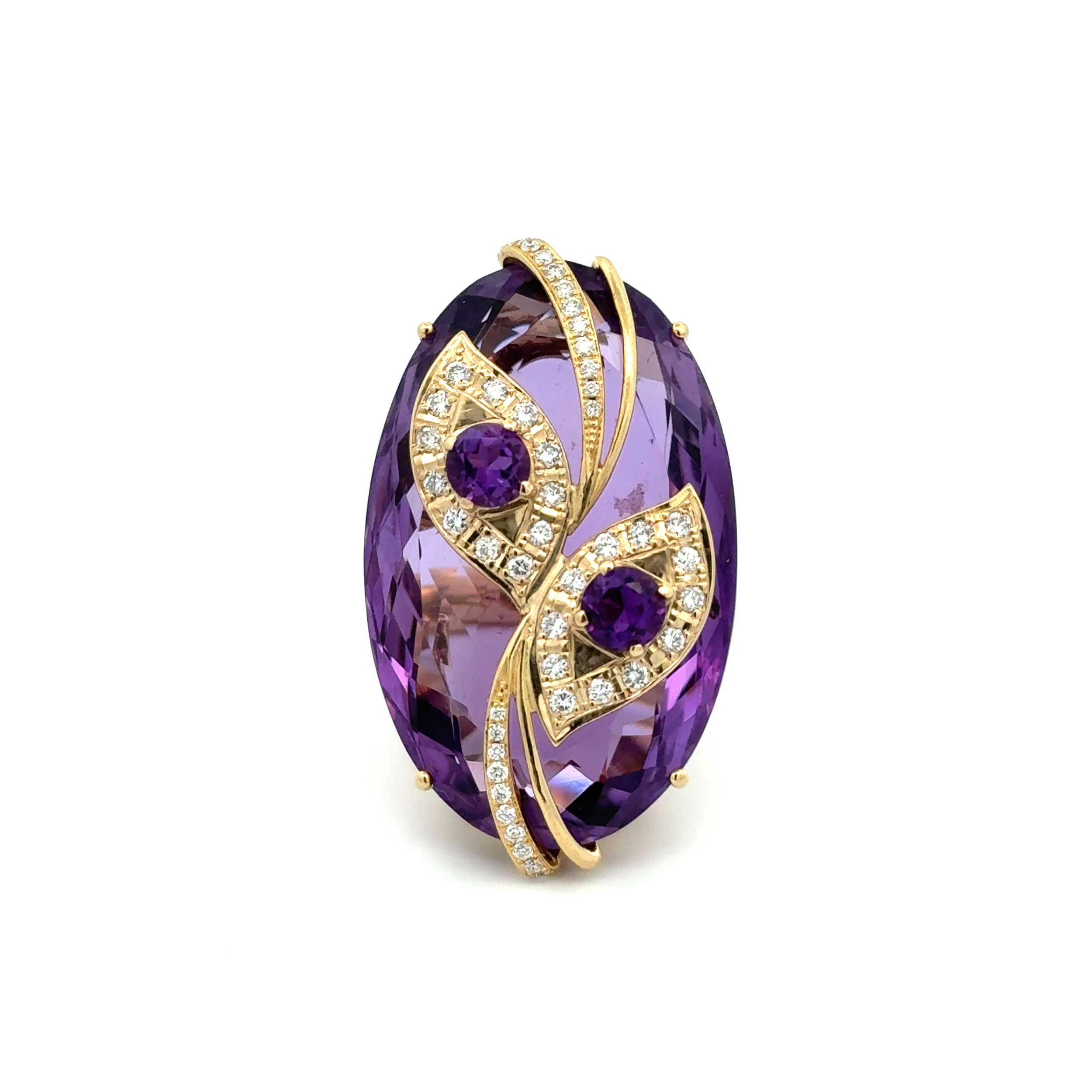 18K YG 72.11ct Marquis Amethyst & .85tcw Diamond & 1tcw Amethyst Wrapped Ring 32.4g, s6.5