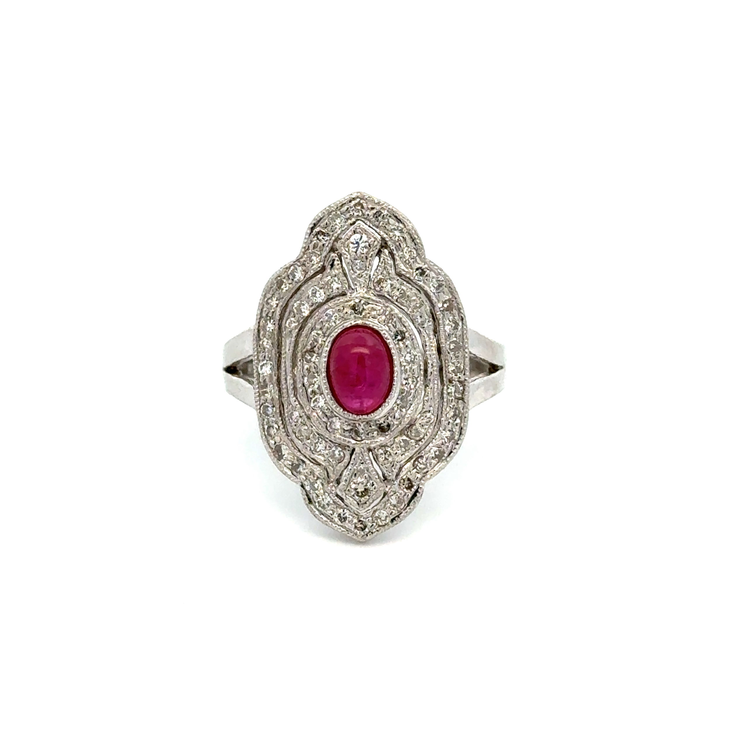 Platinum Art Deco Style .81ct Cabochon Ruby & .56tcw Diamond Ring 9.3g, s8