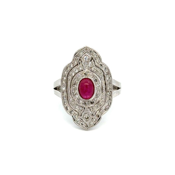 Closeup photo of Platinum Art Deco Style .81ct Cabochon Ruby & .56tcw Diamond Ring 9.3g, s8