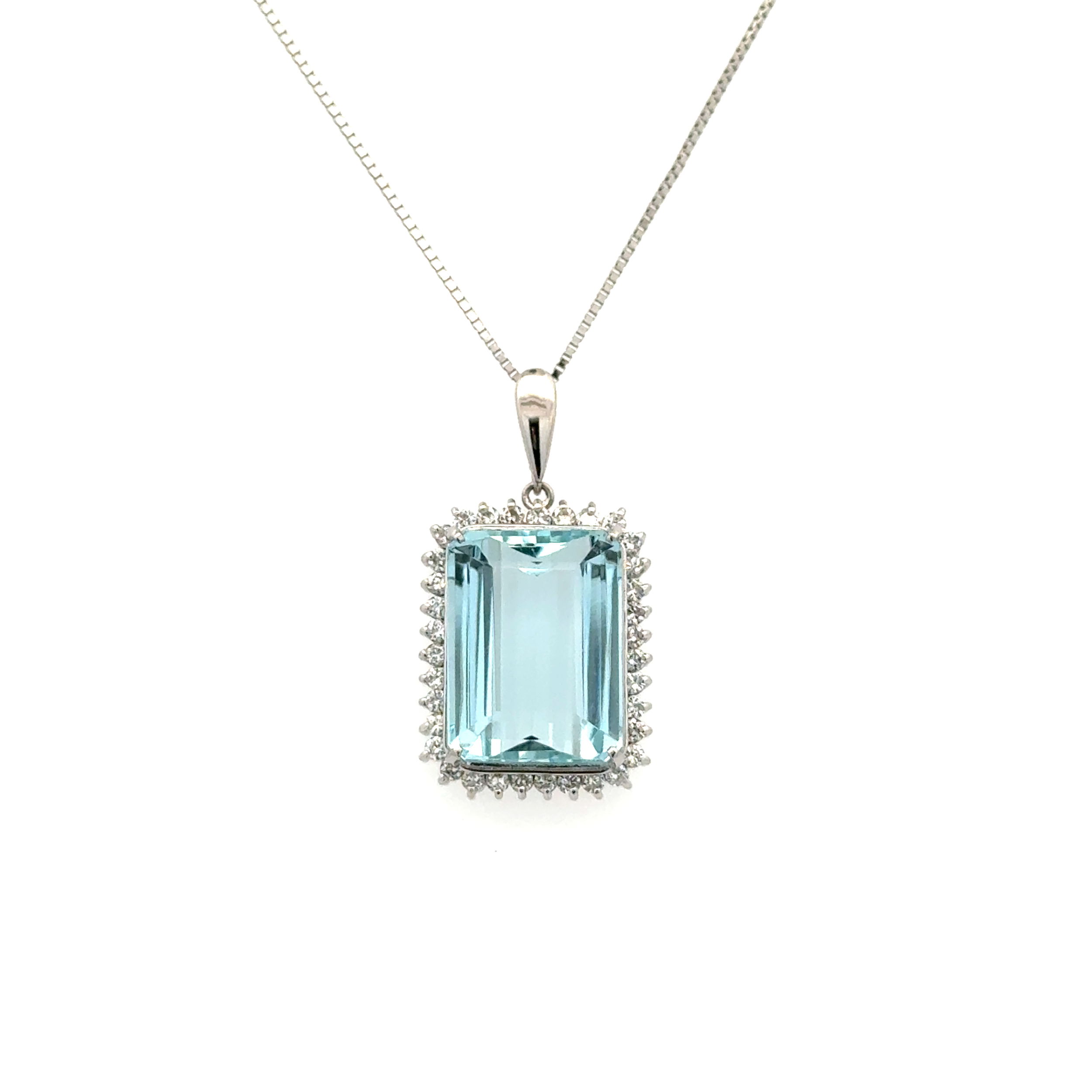 Platinum 9.55ct Emerald Cut Aquamarine & .50tcw RBC Diamond Pendant Necklace 7.7g,n 18"