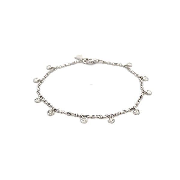 Closeup photo of 18K WG Hexagon Bezel .35tcw RBC 10 Diamond Dangle Bracelet 2.8g, 6.5"