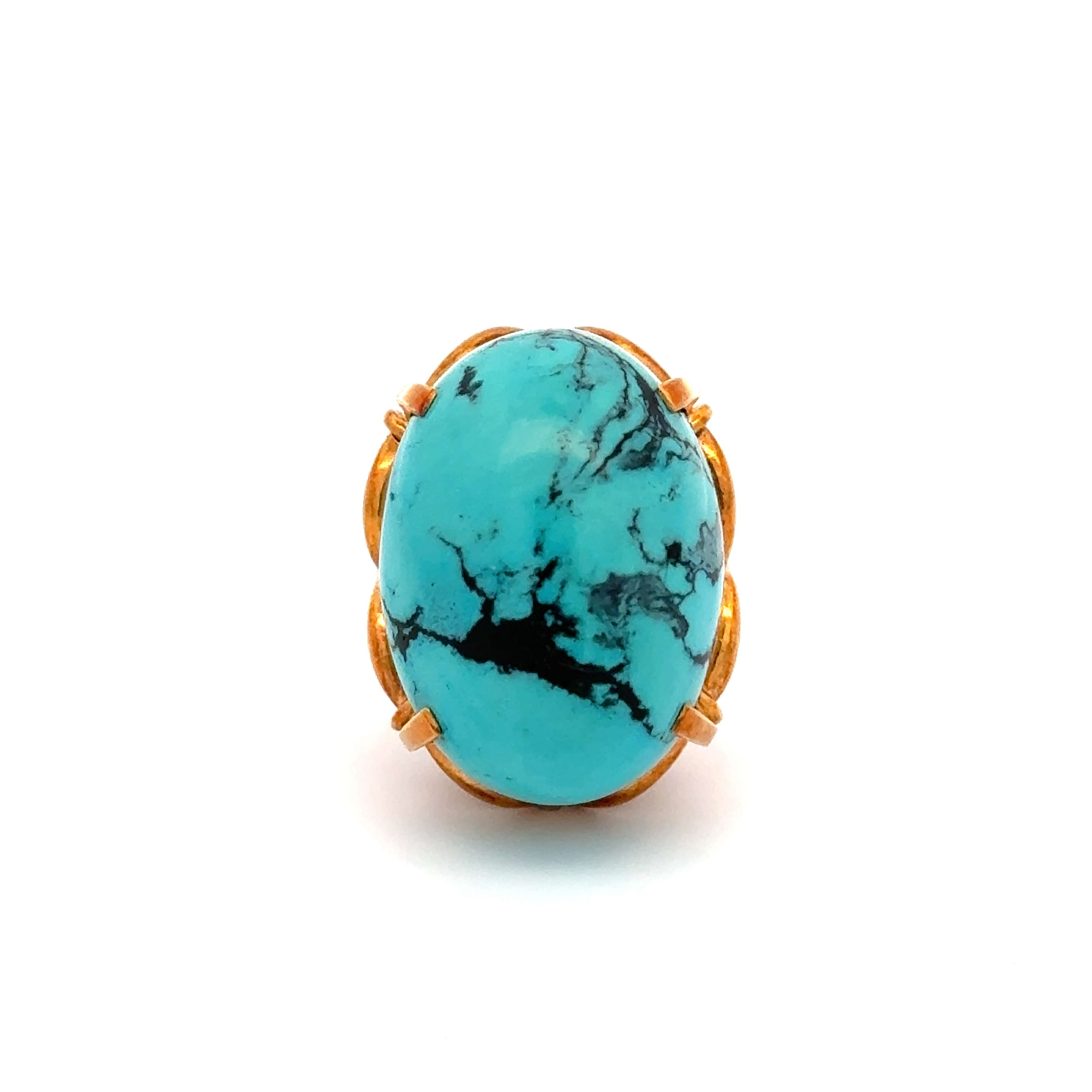 18K YG 20ct Spiderweb Dragon Skin Cabochon Turquoise Filigree Ring 11.7g, s7