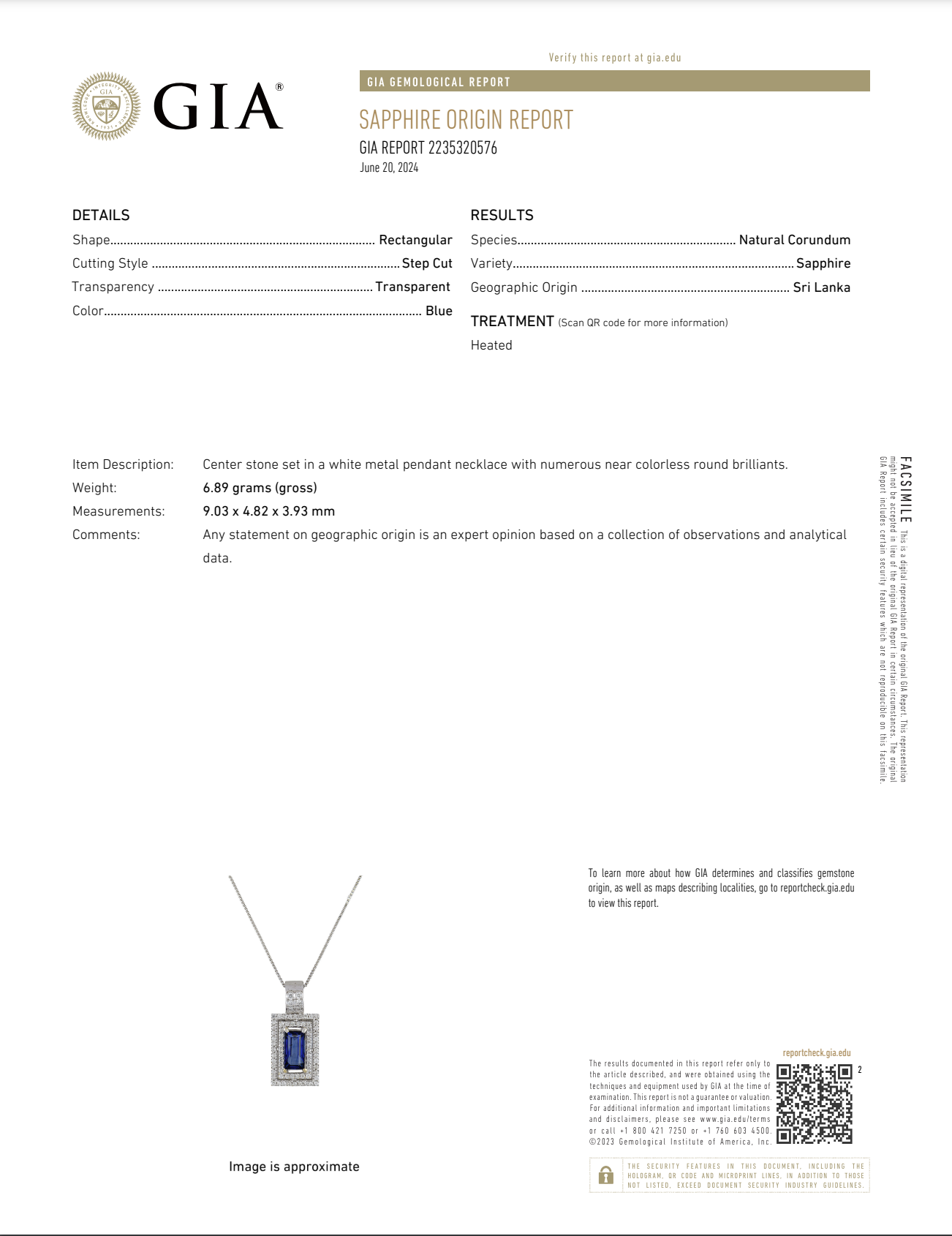 18K WG 2.02ct Emerald Cut Ceylon Sapphire GIA & .48tcw RBC Diamond Double Halo Pendant on Platinum 850 Chain 18"