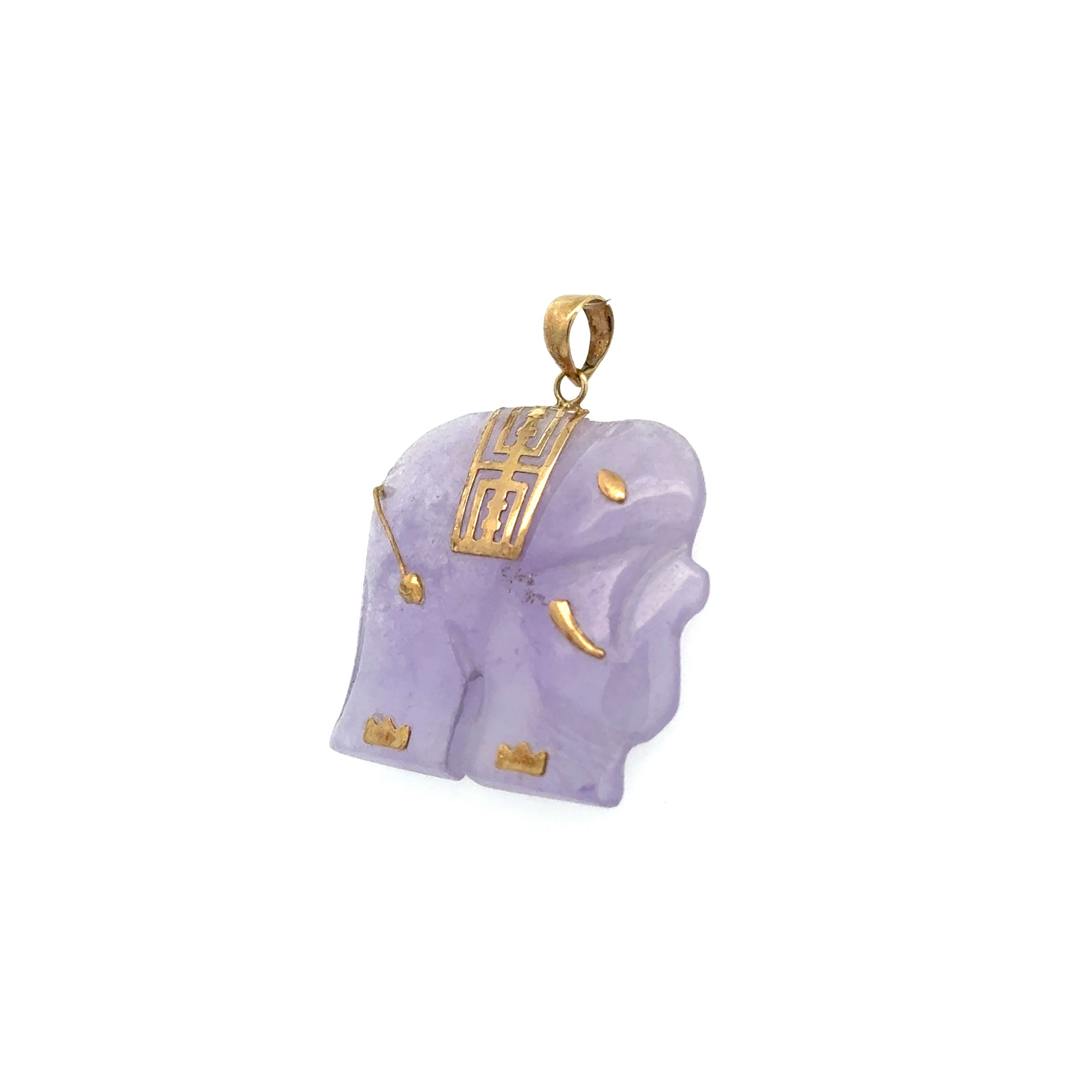 10K YG Carved Elephant Lavender Jade Pendant Charm 6.2g