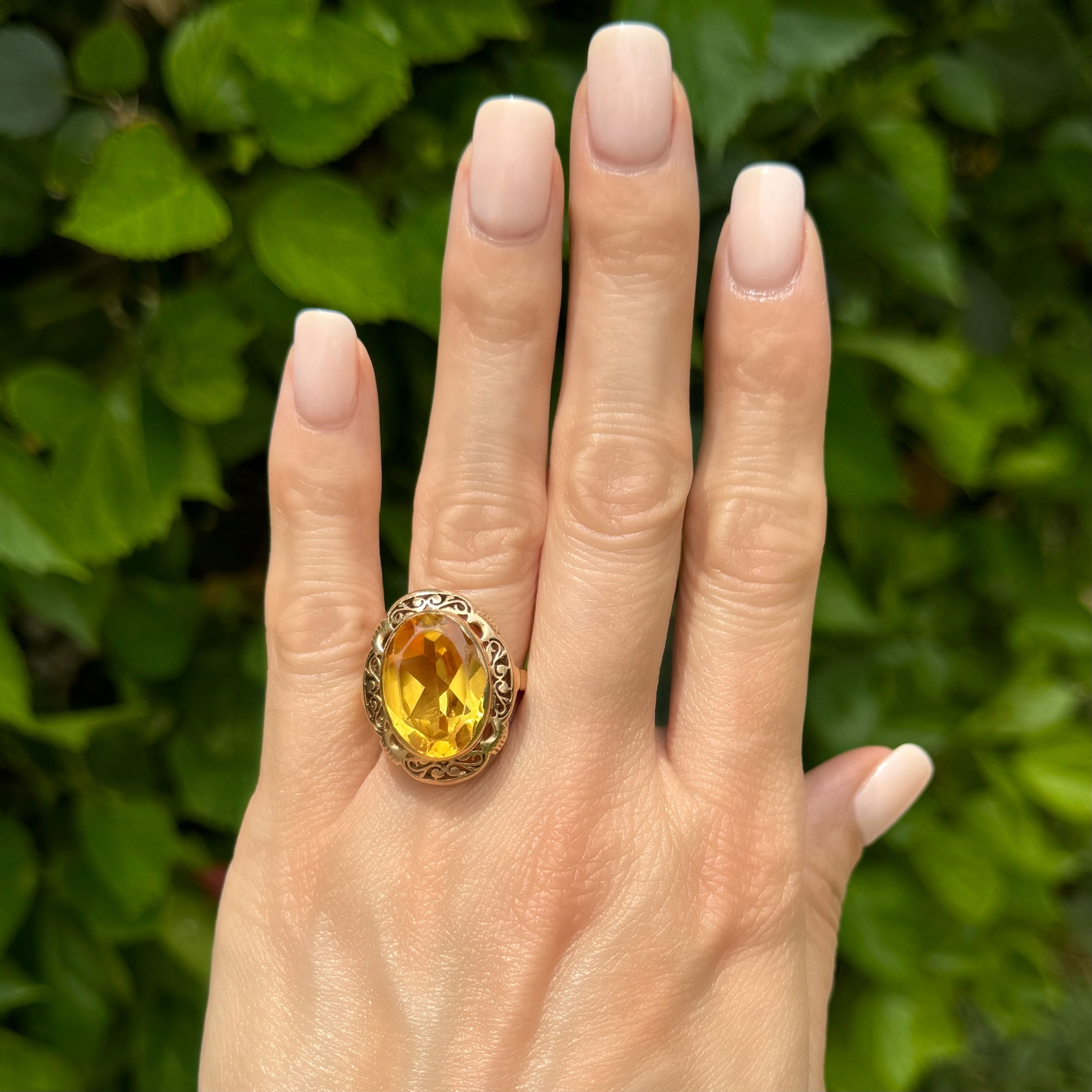 14K YG French Vintage Filigree 12ct Citrine Ring 10.1g, s9.75