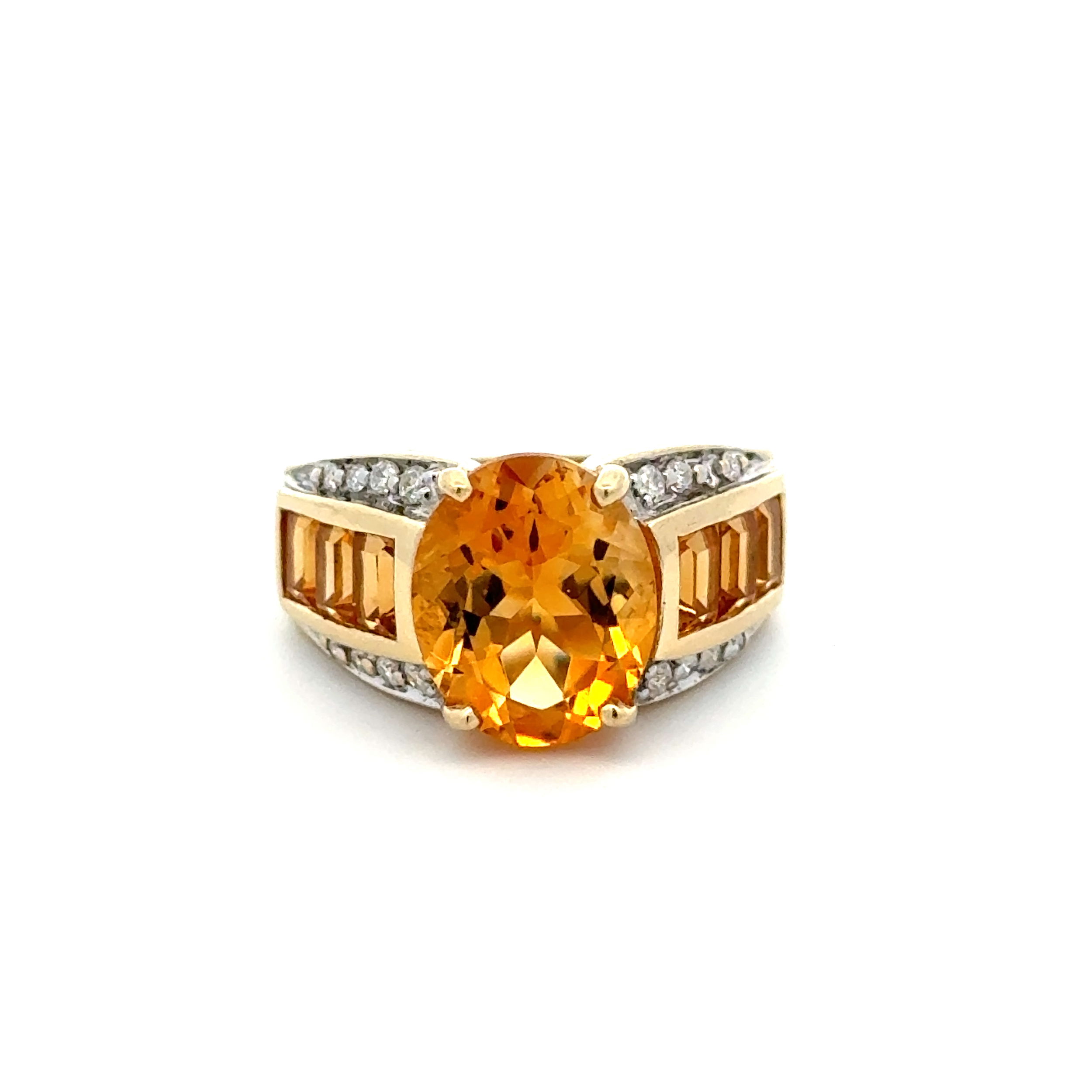 14K YG 5ct Oval Citrine, .16tcw Diamond & .75cw Citrine Ring 6.0g, s7.5