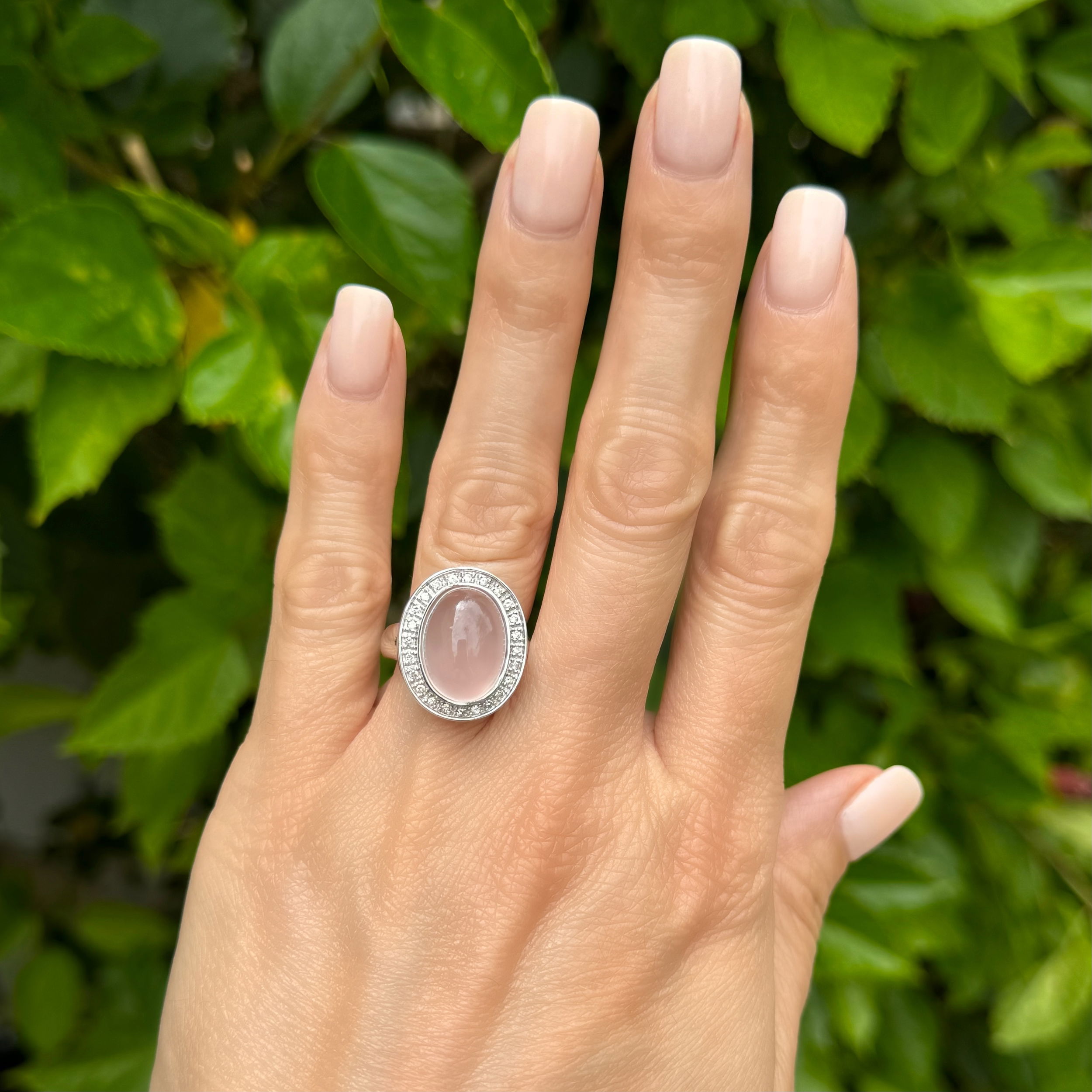14K WG 7.00ct Cabochon Rose Quartz and .24tcw Diamond Halo Ring 7.6g, s7
