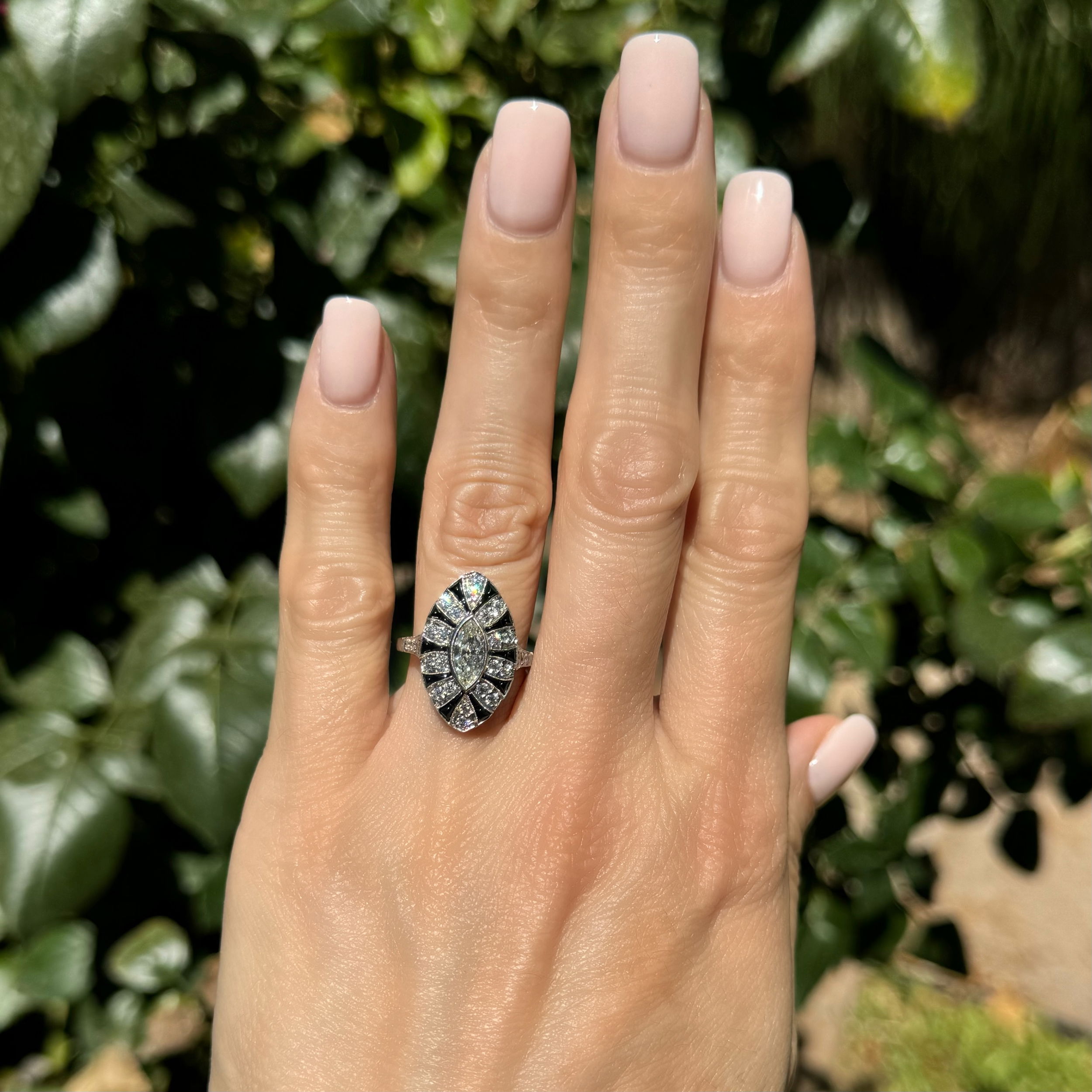 Platinum .53ct Marquis Diamond, Buff Top Onyx & .80tcw OEC Diamond Ring 6.2g, s7 Platinum .53ct Marquis Diamond, Buff Top Onyx & .80tcw OEC Diamond Ring 6.2g, s7
