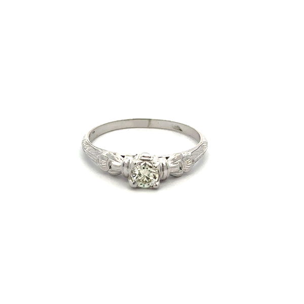 Closeup photo of 18K WG Mid Century .30ct RBC Diamond Engraved Ring 2.2g, s7.75