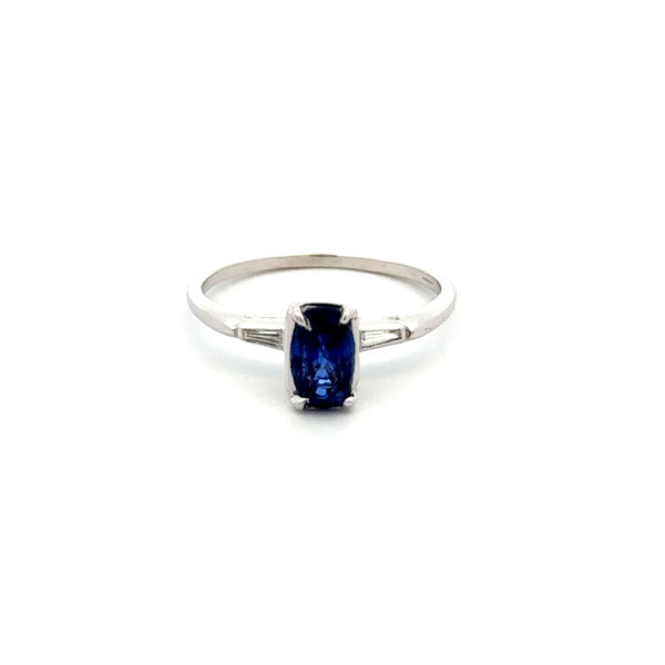 Closeup photo of 18K WG Mid Century Modern 1.15ct Long Cushion Sapphire & .06tcw Diamond Ring 2.3g, s7.5