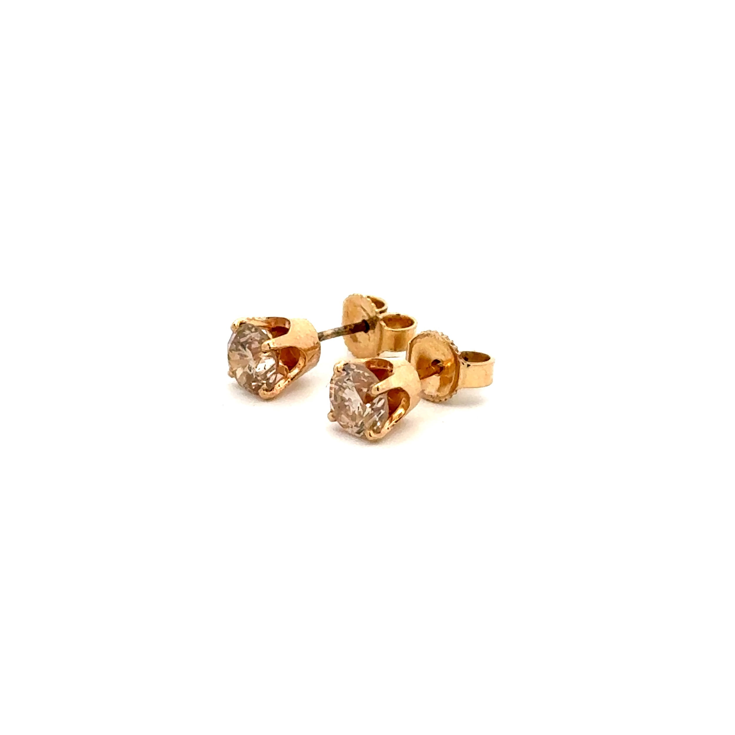 14K YG 1.00tcw RBC Light Chocolate Brown Diamond Stud Earrings 1.3g, 4.95mm