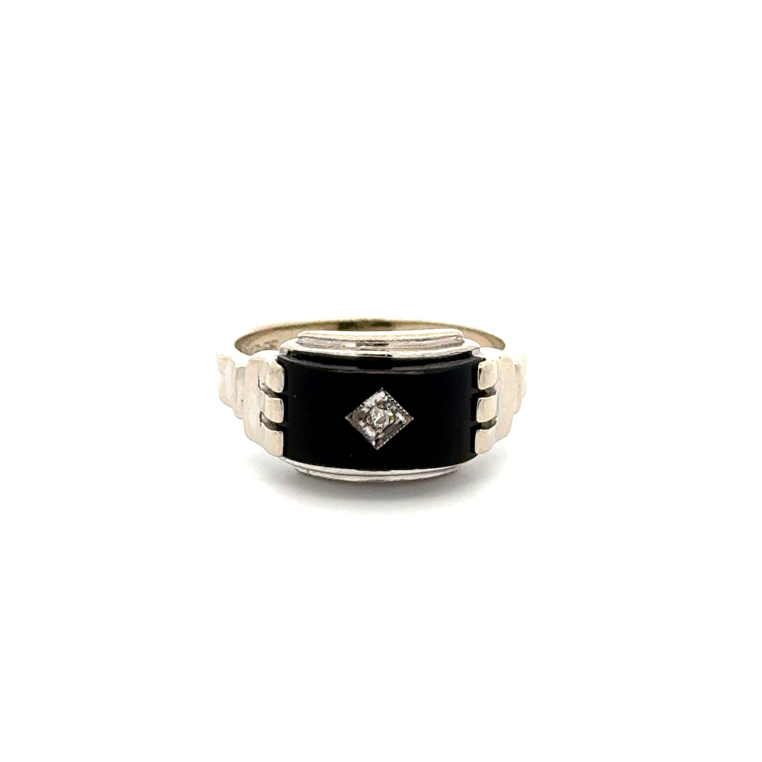 10K WG Art Deco .01ct Diamond & Onyx Slab Ring 3.6g, s5.5