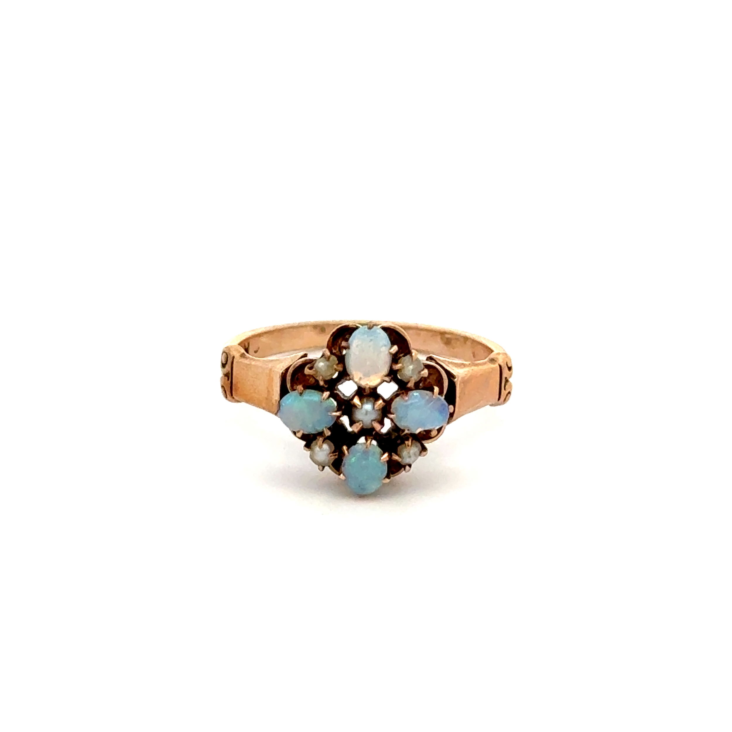 9K YG Victorian Opal & Seed Pearl Cluster Ring 2.4g, s5.75