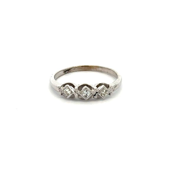 Closeup photo of 14K WG Mid Century Modern 3 Stone .10tcw Diamond Band Ring 2.0g, s7.25