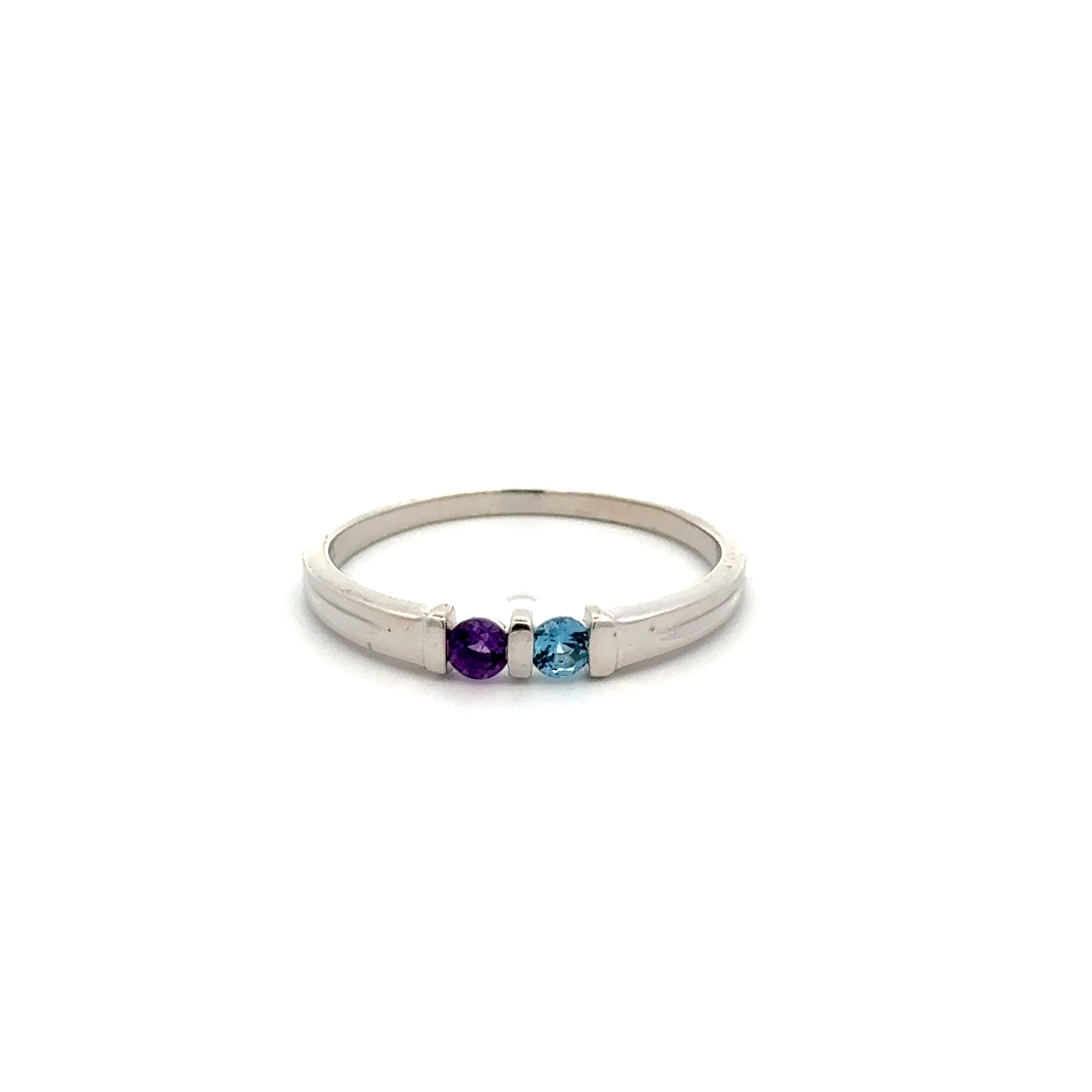 14K WG 2 Stone .09ct Amethyst & .09ct Blue Topaz 3.37mm Band Ring 2.2g, s9