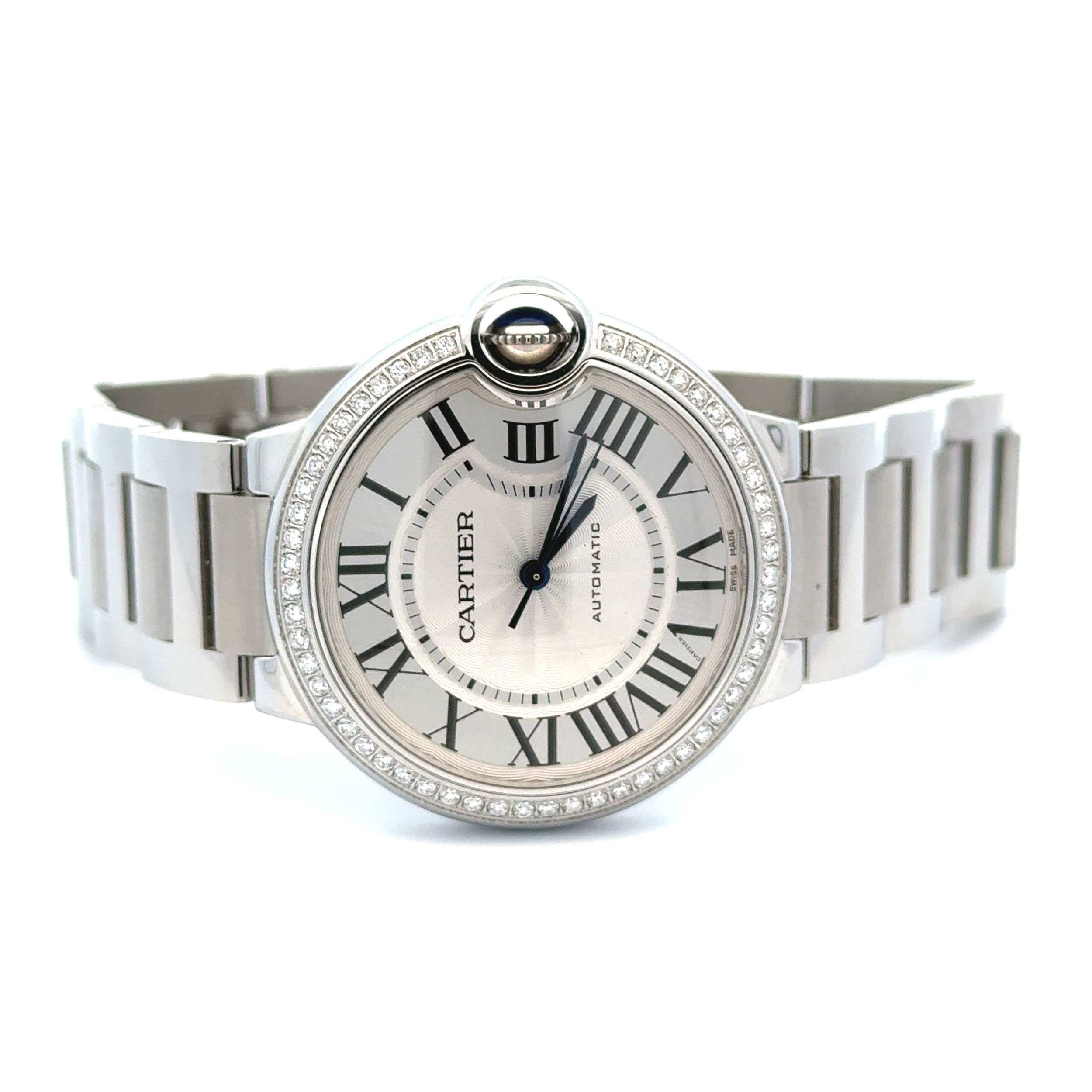 Cartier Steel Ballon Bleu 36mm .78tcw Diamond Bezel Automatic Watch Like New Complete W4BB0024