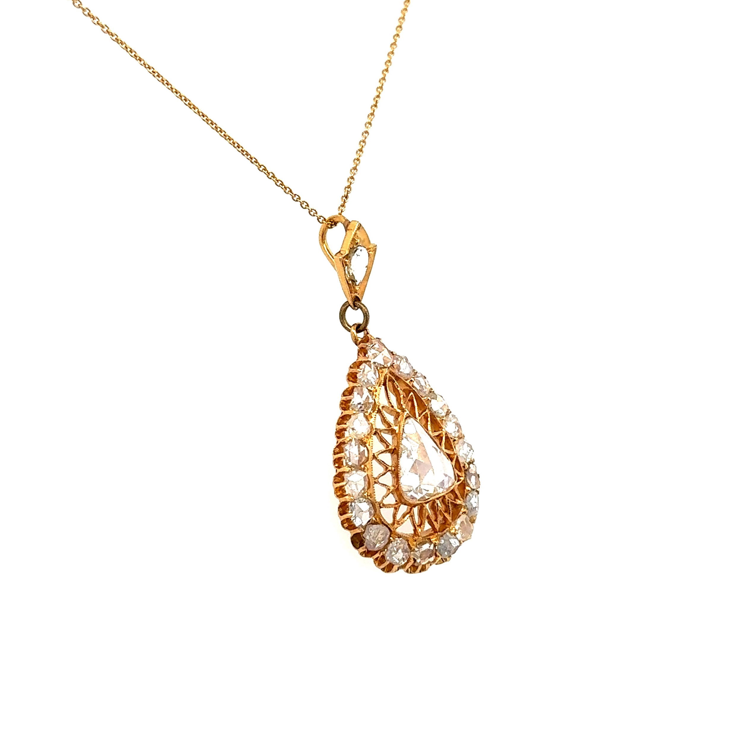 14K YG 1.10ct Pear Rose Cut Diamond & 2.35tcw Rose Cut Diamond Necklace 6.4g, 16" 14K YG 1.10ct Pear Rose Cut Diamond & 2.35tcw Rose Cut Diamond Necklace 6.4g, 16"