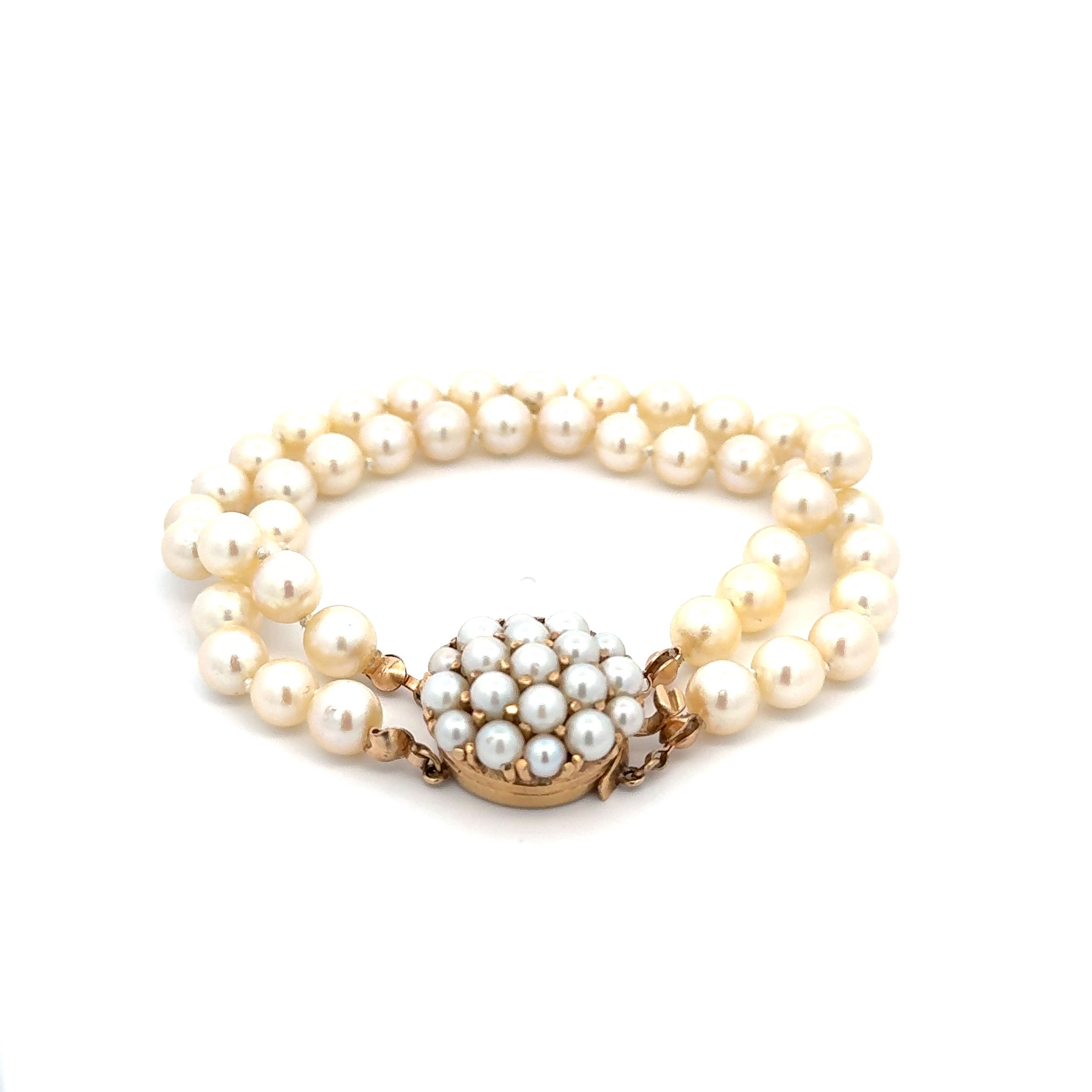 14K YG 6.5mm Double Pearl Strand Bracelet Cluster Clasp 25.1g, 7.25"