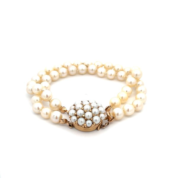 Closeup photo of 14K YG 6.5mm Double Pearl Strand Bracelet Cluster Clasp 25.1g, 7.25"