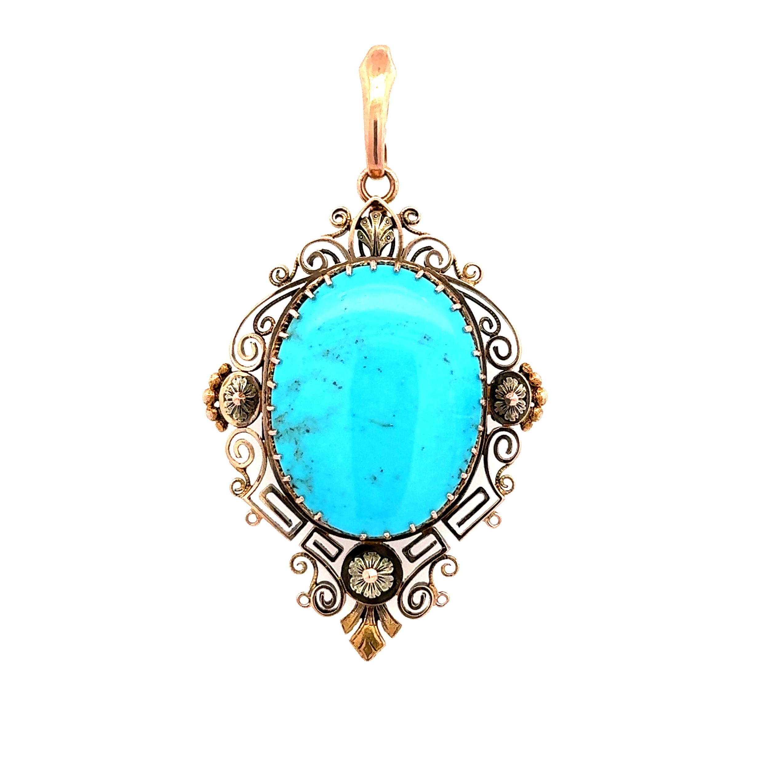 14K Green & Rose Gold Victorian 20ct Turquoise Pendant 19.6g